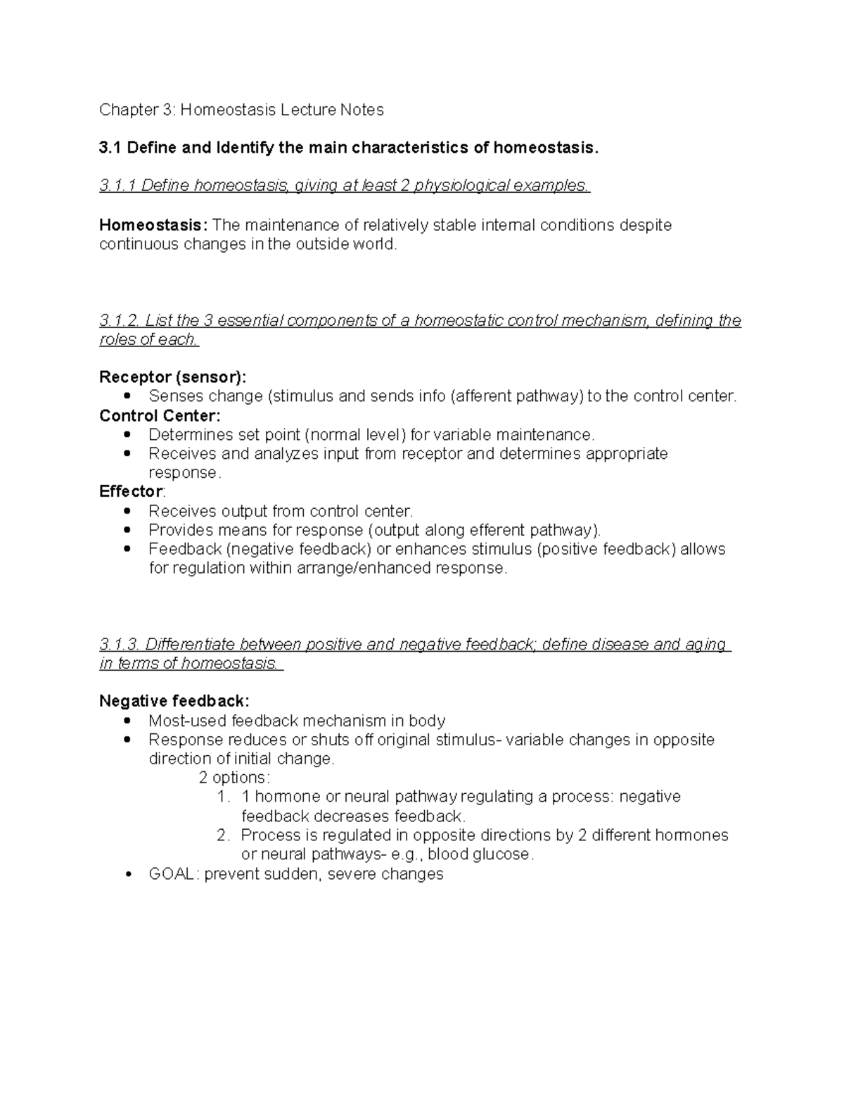 Anatomy - Notes - Chapter 3: Homeostasis Lecture Notes 3 Define and ...