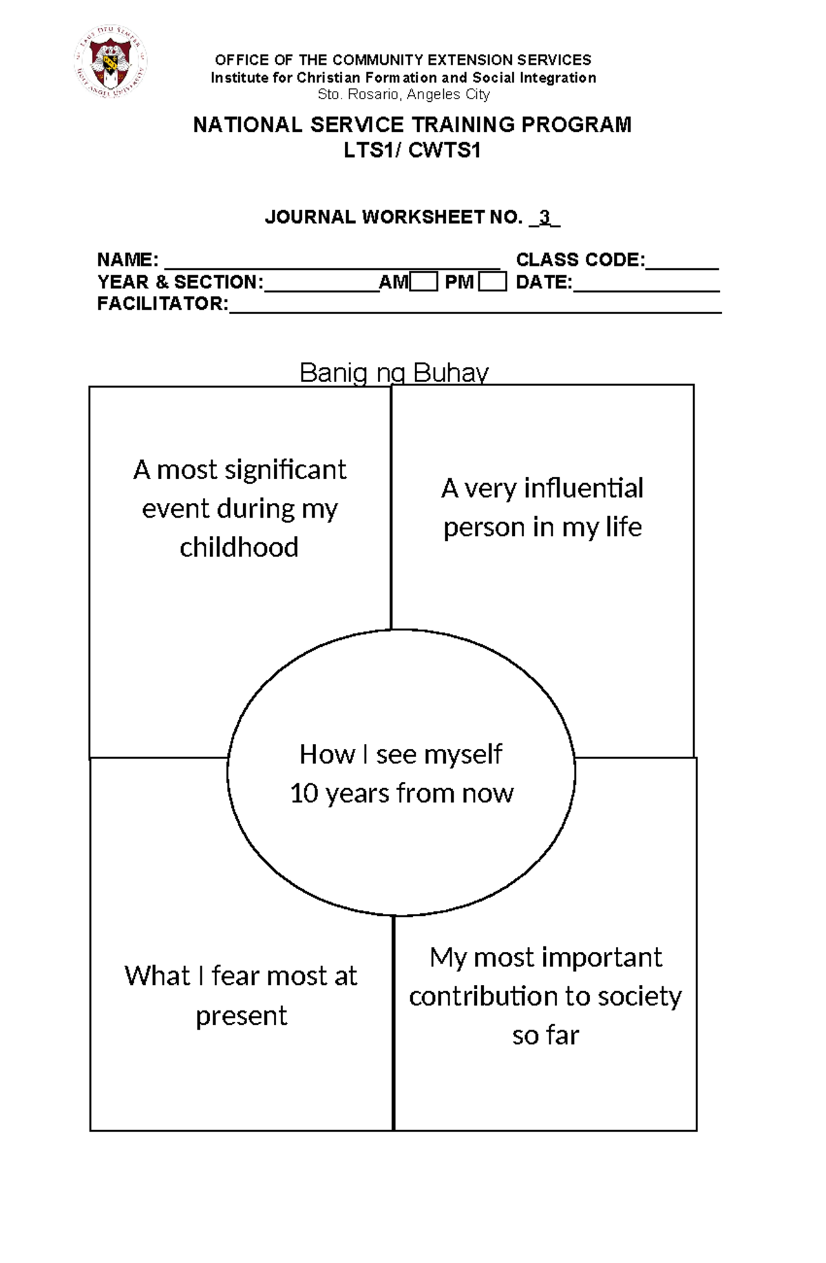 LTS1-CWTS Journal Worksheet No. 3: Reflections on Life's Influences ...