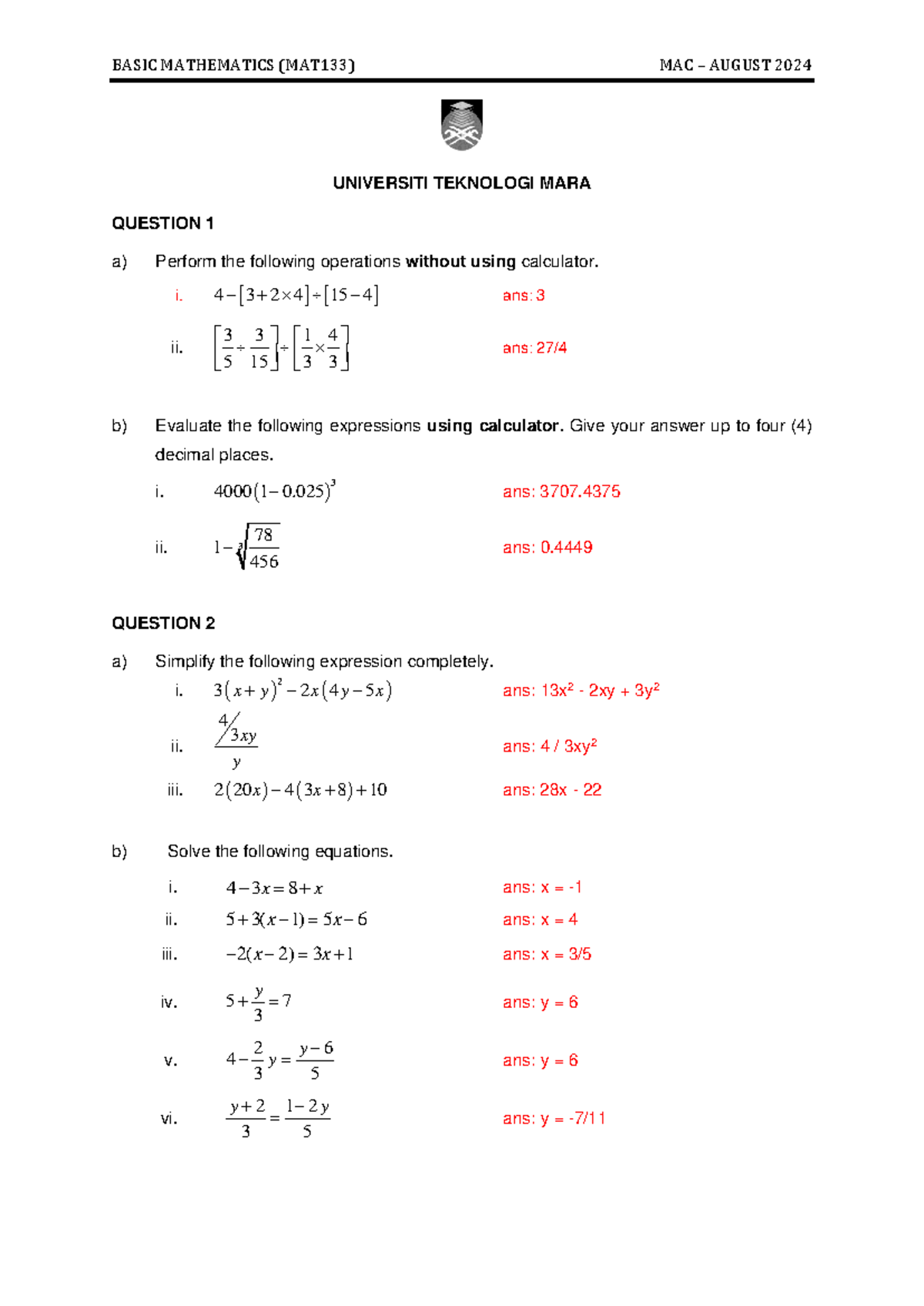 MAT133 Basic Mathematics Practice Exercise - August 2024 - Studocu