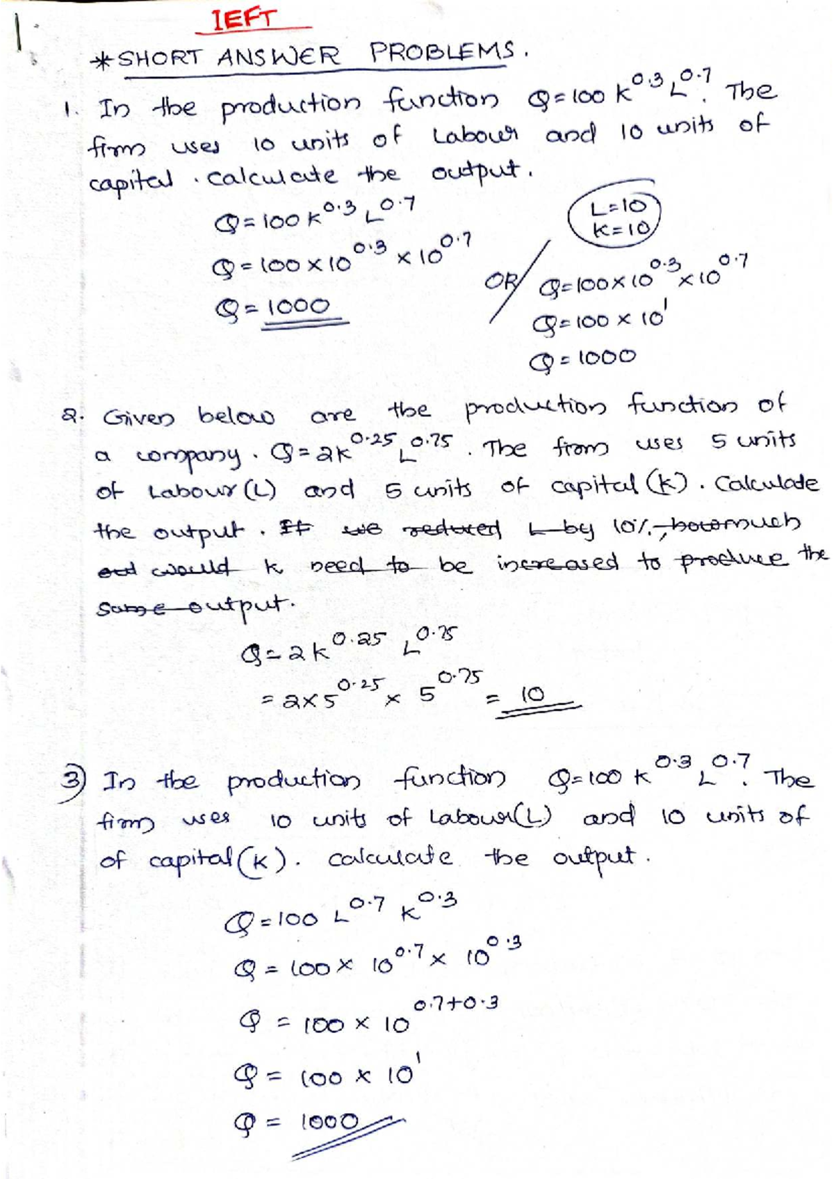 IEFT 03,07: Short Answer Problems on Production & Elasticity Concepts ...