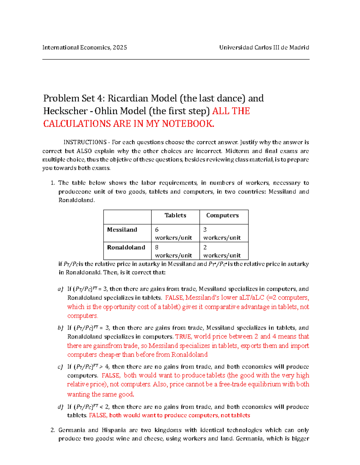 International Economics (2025) - Midterm Problem Set 4: Ricardian ...