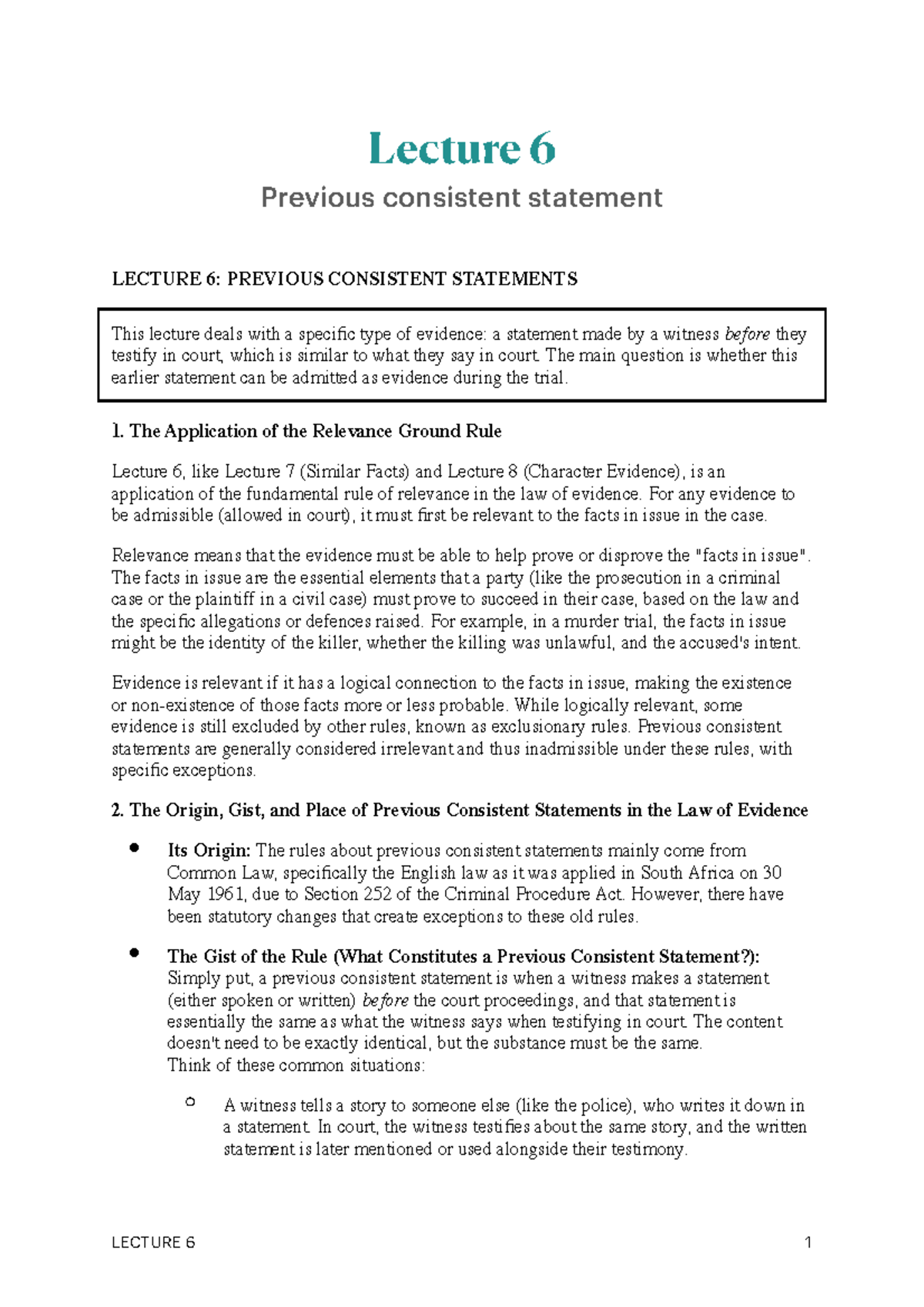 Lecture 6: Previous Consistent Statements in Evidence Law - Studocu