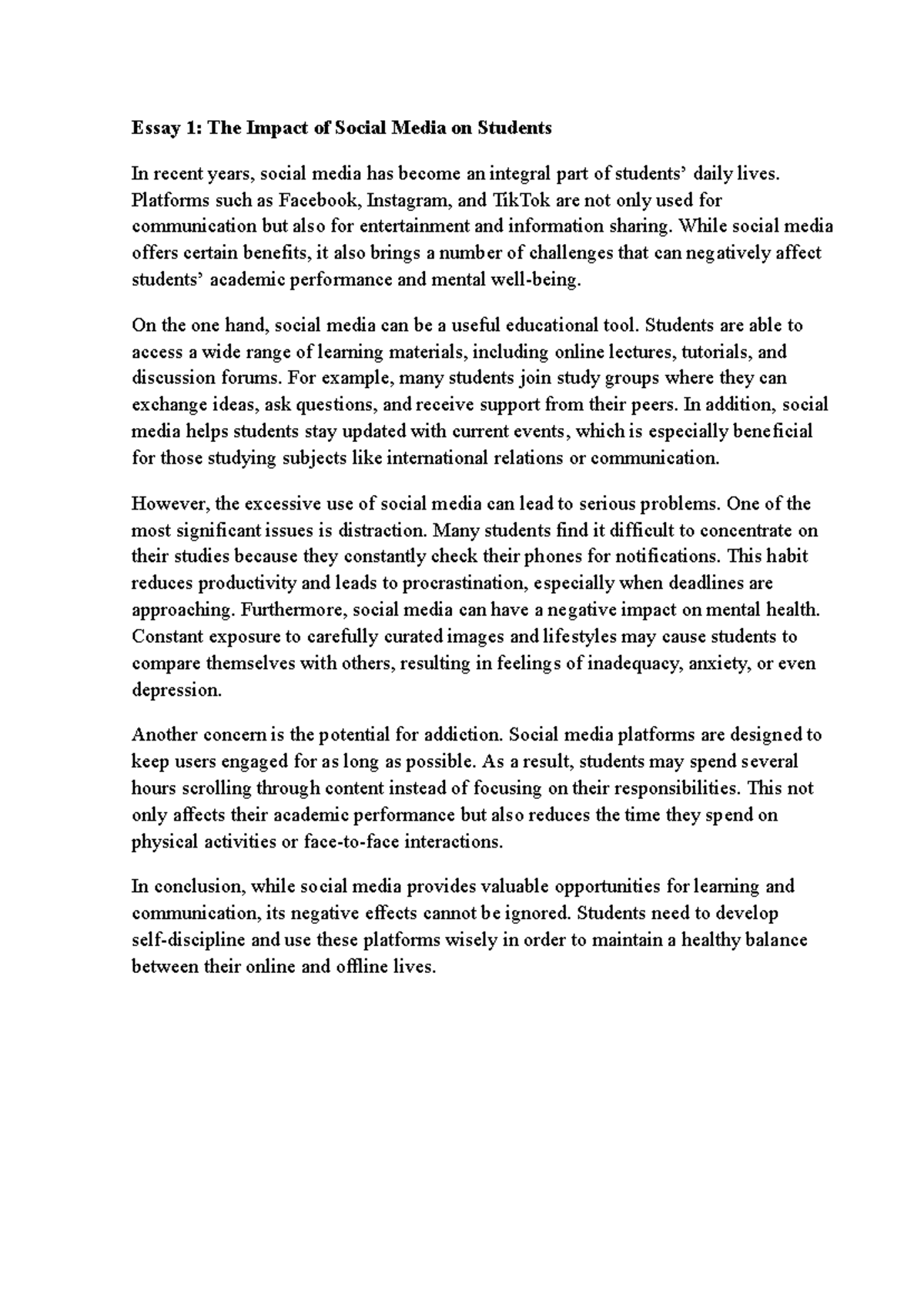 Essay 1: The Effects of Social Media on Student Life - Studocu