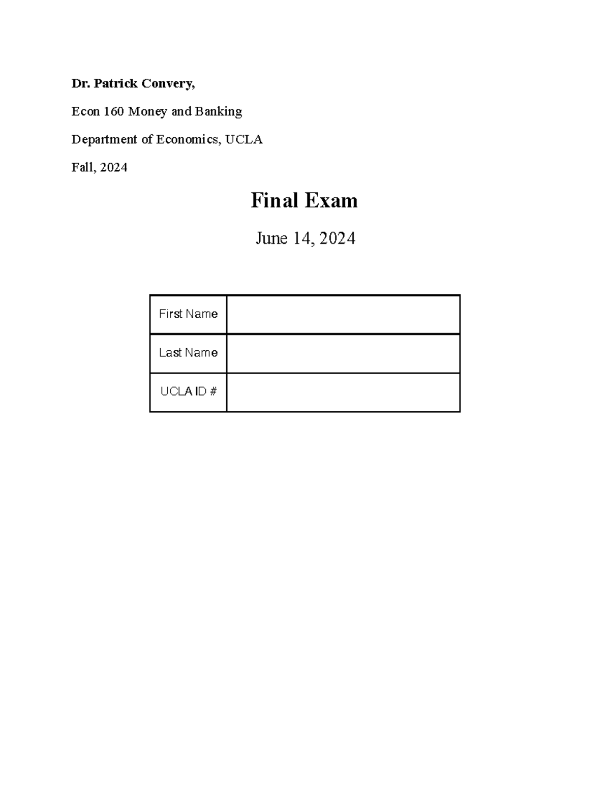 ECON 160 Fall 2024 Final Exam Questions and Instructions - Studocu