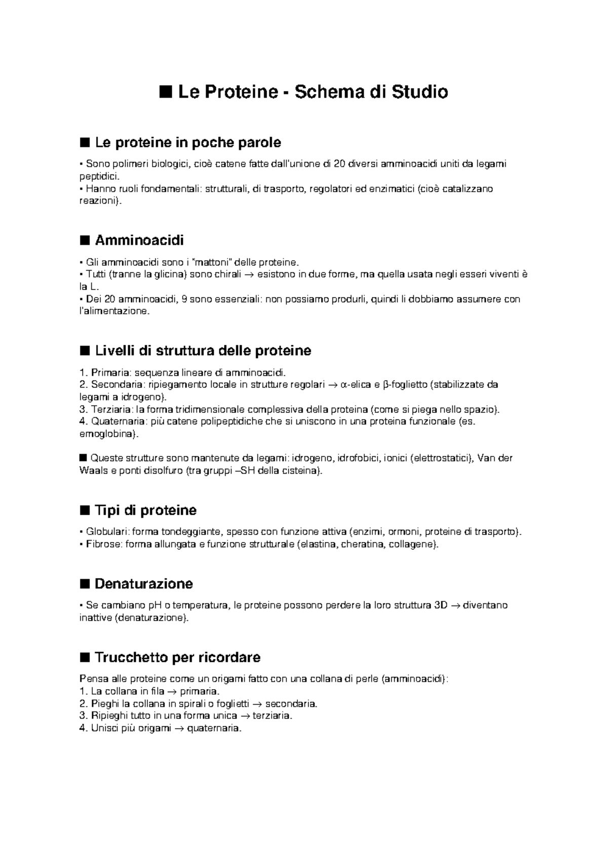 Spiegazione delle Proteine: Schema di Studio e Strutture - Studocu