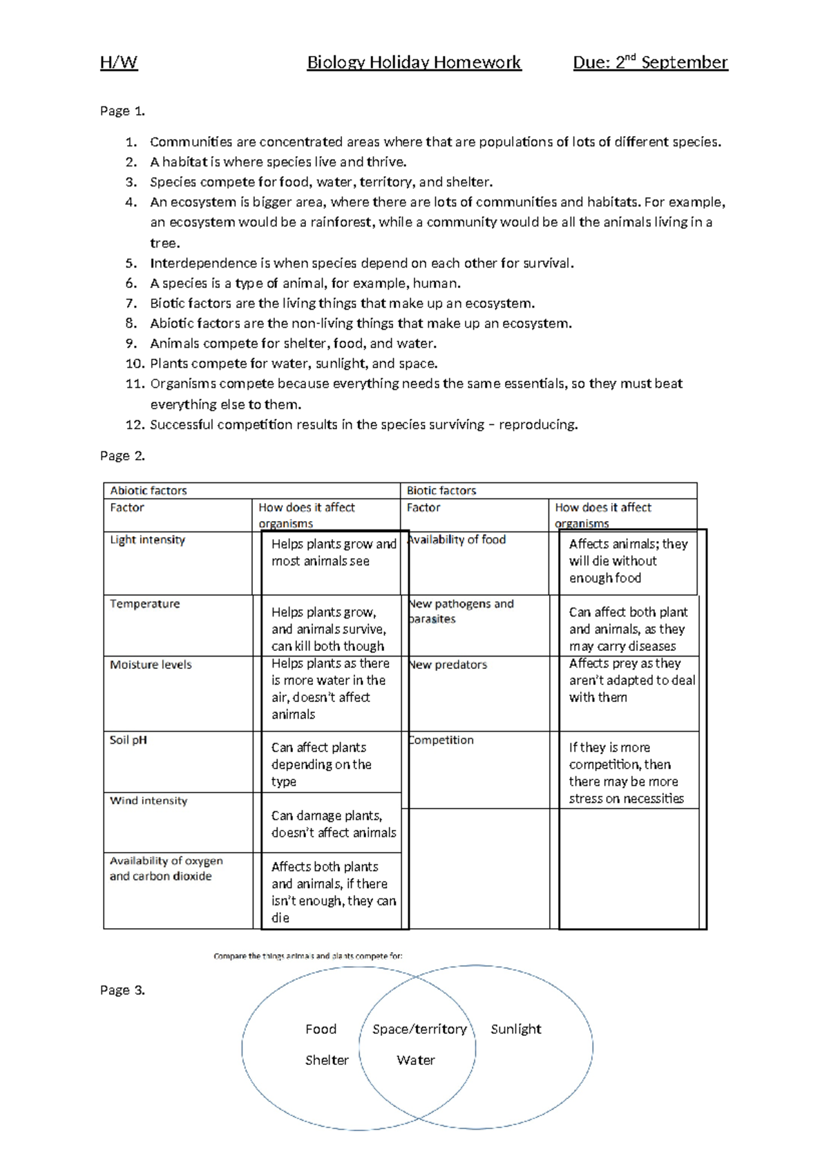 Biology - Class Notes - H/W Biology Holiday Homework Due: 2 September ...