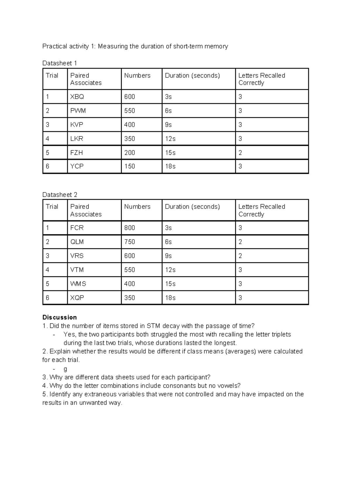 Practical Activity 1: Measuring Short-Term Memory Duration - Studocu