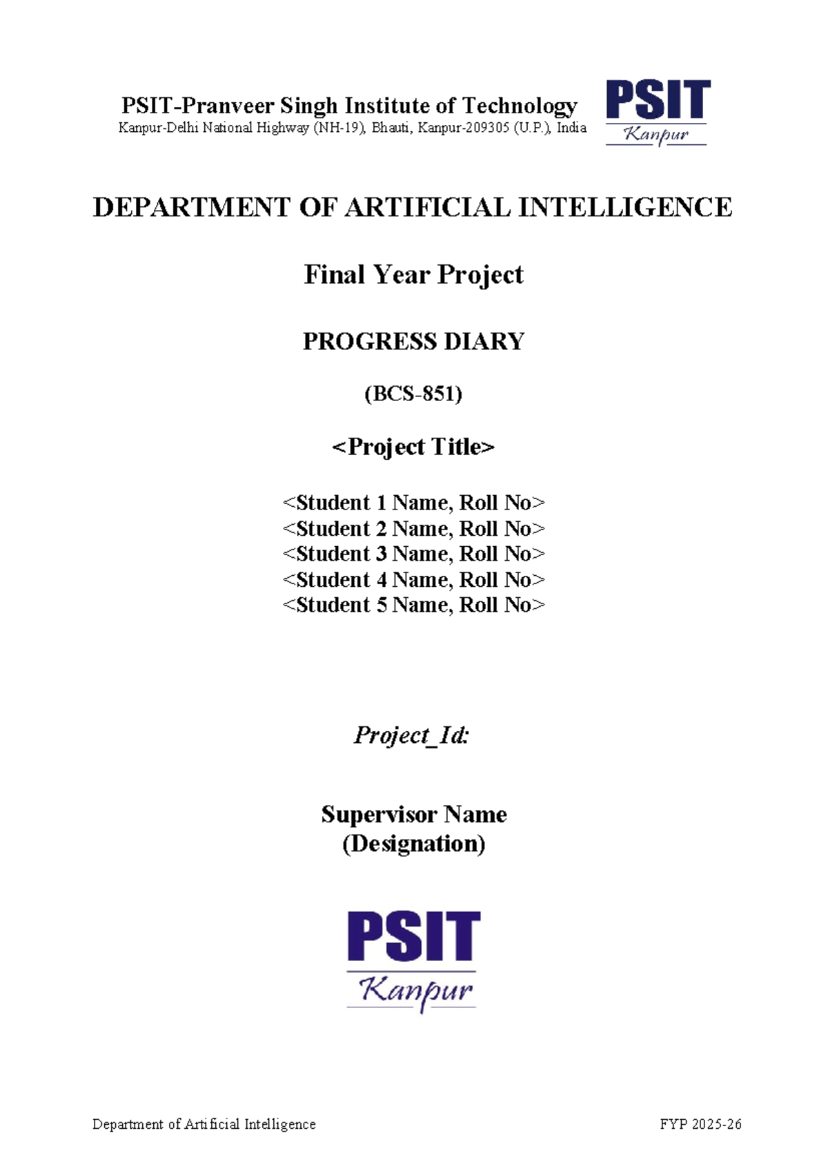 FYP Diary Format 2025-26 (AIDS) - Singh Institute of Technology - Studocu