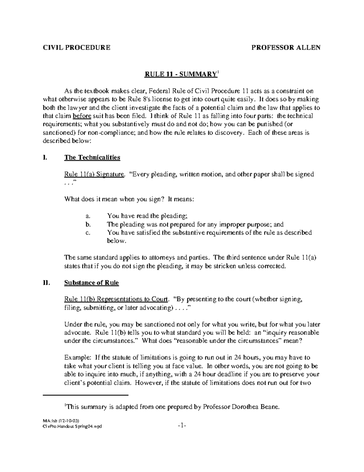 Rule 11 Summary Handout for Foundations of Law Course - Studocu