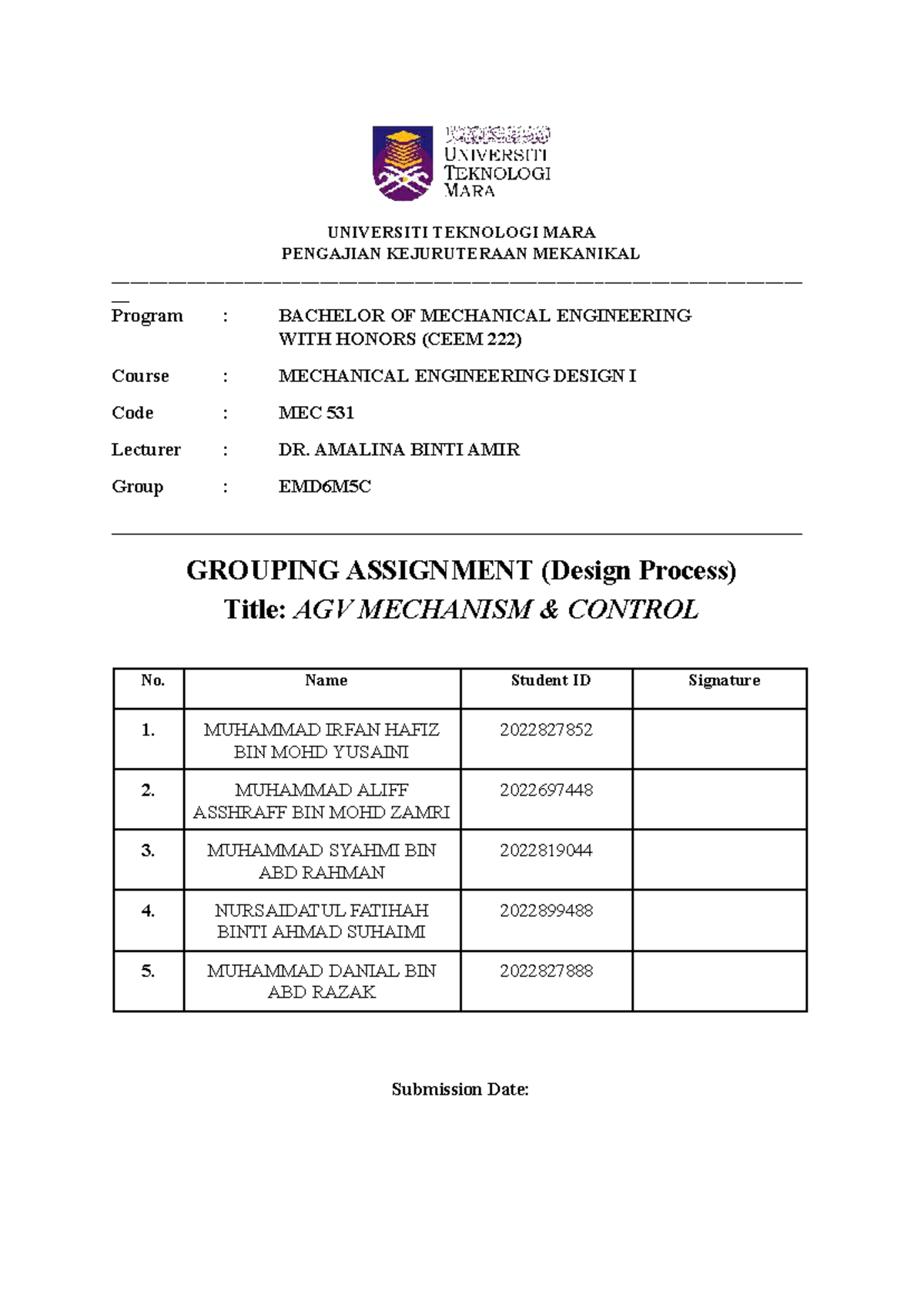 MEC 531 Group Assignment: AGV Mechanism Control Design Process - Studocu