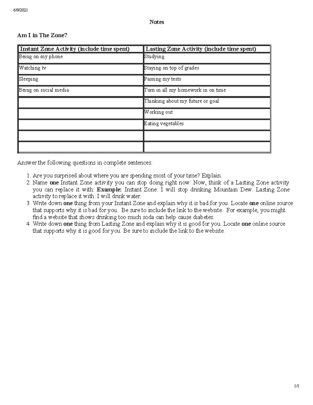 Chart - Answer - 6/9/ Notes Am I in The Zone? Instant Zone Activity ...
