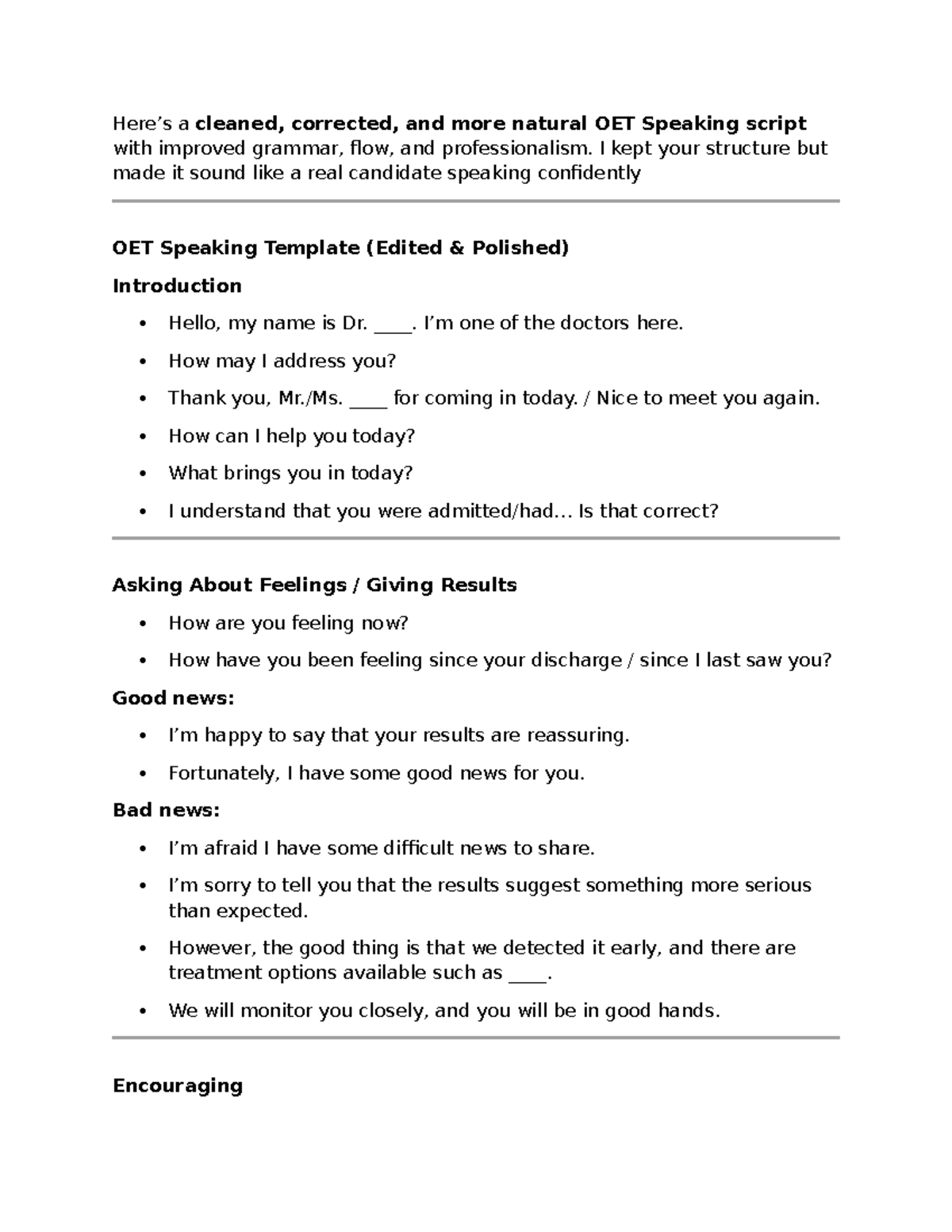 OET Speaking Samples: Polished Script for Confident Communication - Studocu