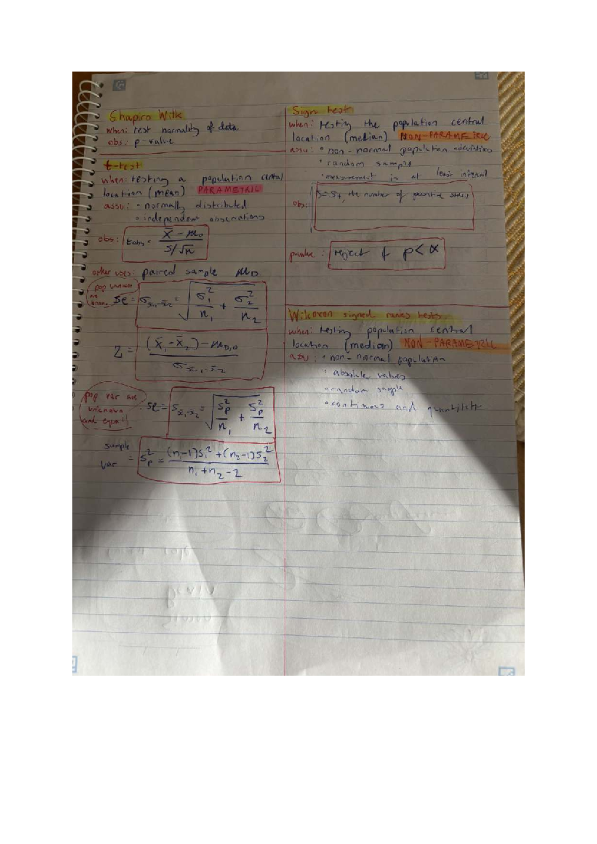 QM 2 mid sem quick refresher notes - Shapiro Wilk Sign test when: rest ...