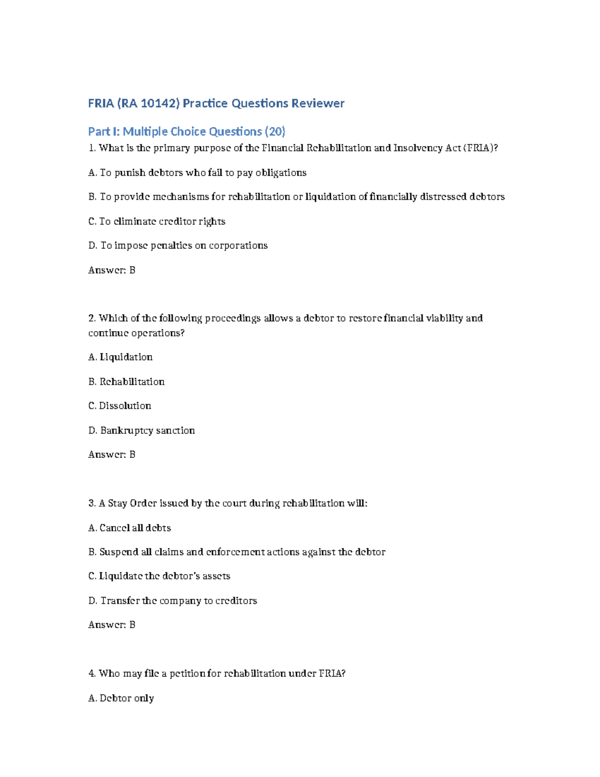 FRIA (RA 10142) Practice Questions Reviewer: Multiple Choice Part I ...