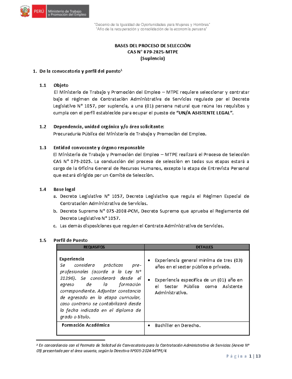 Bases del Proceso de Selección CAS 079-2025 para Asistente en MTPE ...