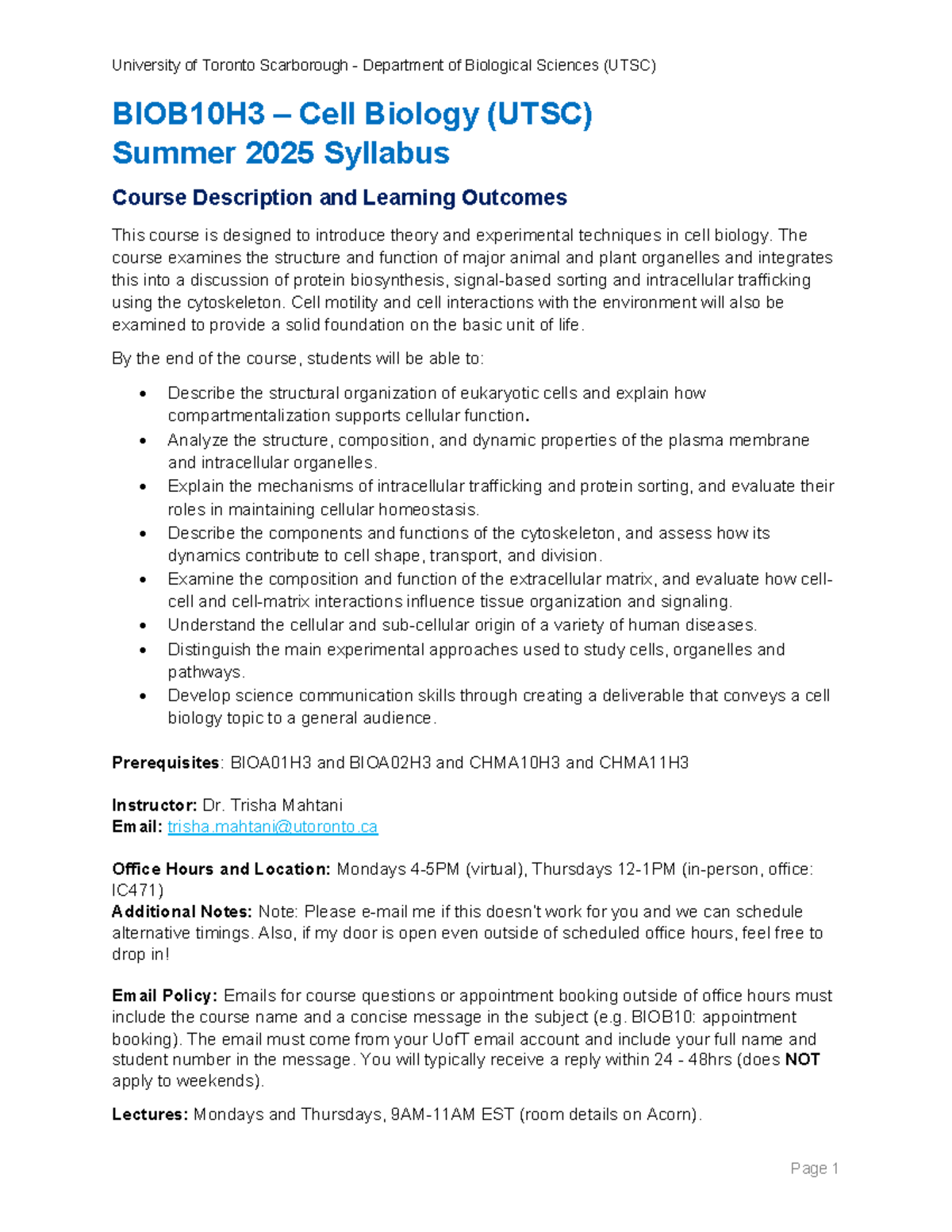 BIOB10H3 Cell Biology Summer 2025 Syllabus and Course Overview - Studocu