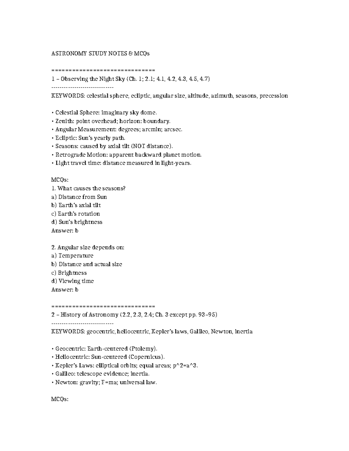 ASTR 101 Final Exam Study Notes: MCQs on Key Concepts - Studocu