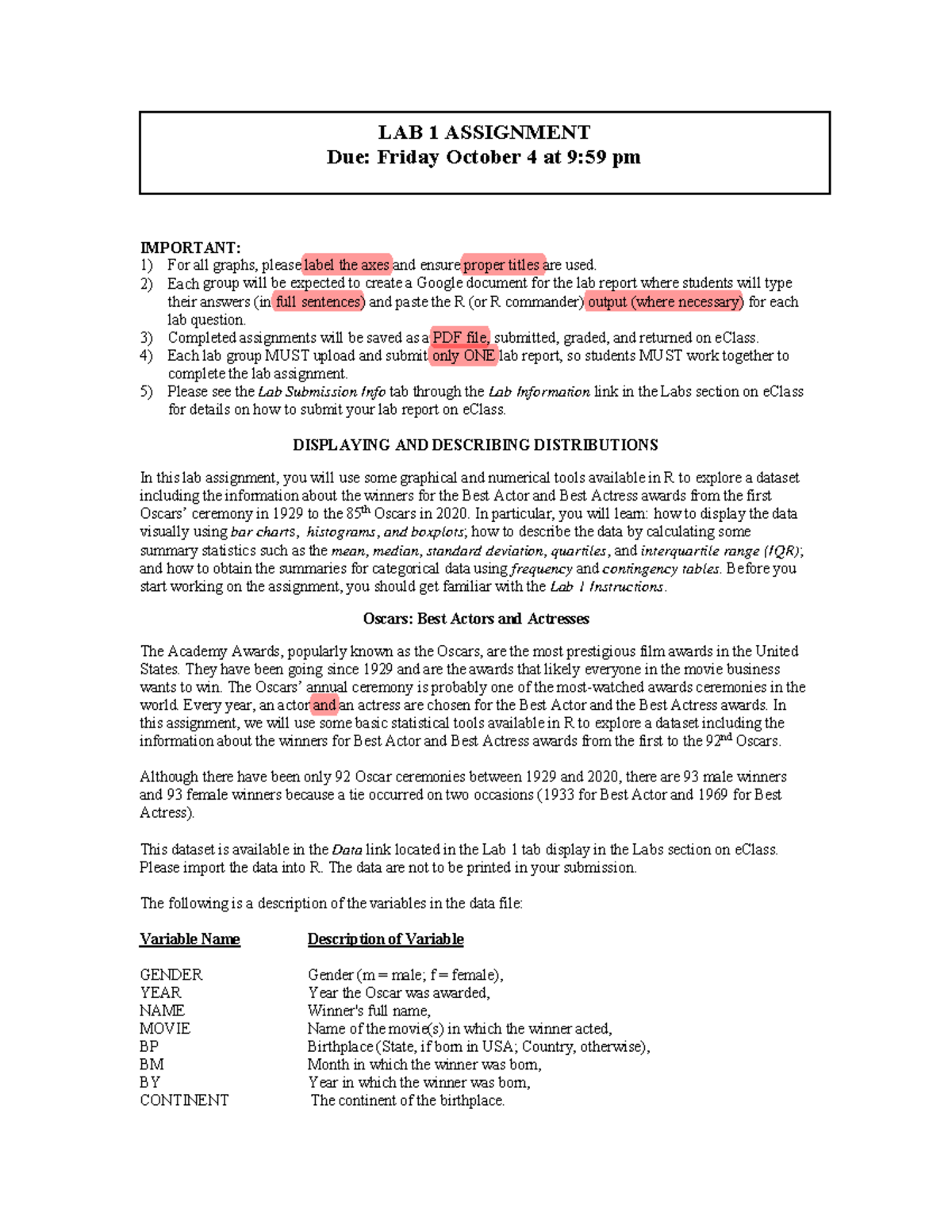 STAT151 F24 - Lab 1: Analyzing Oscar Winners' Data in R - Studocu