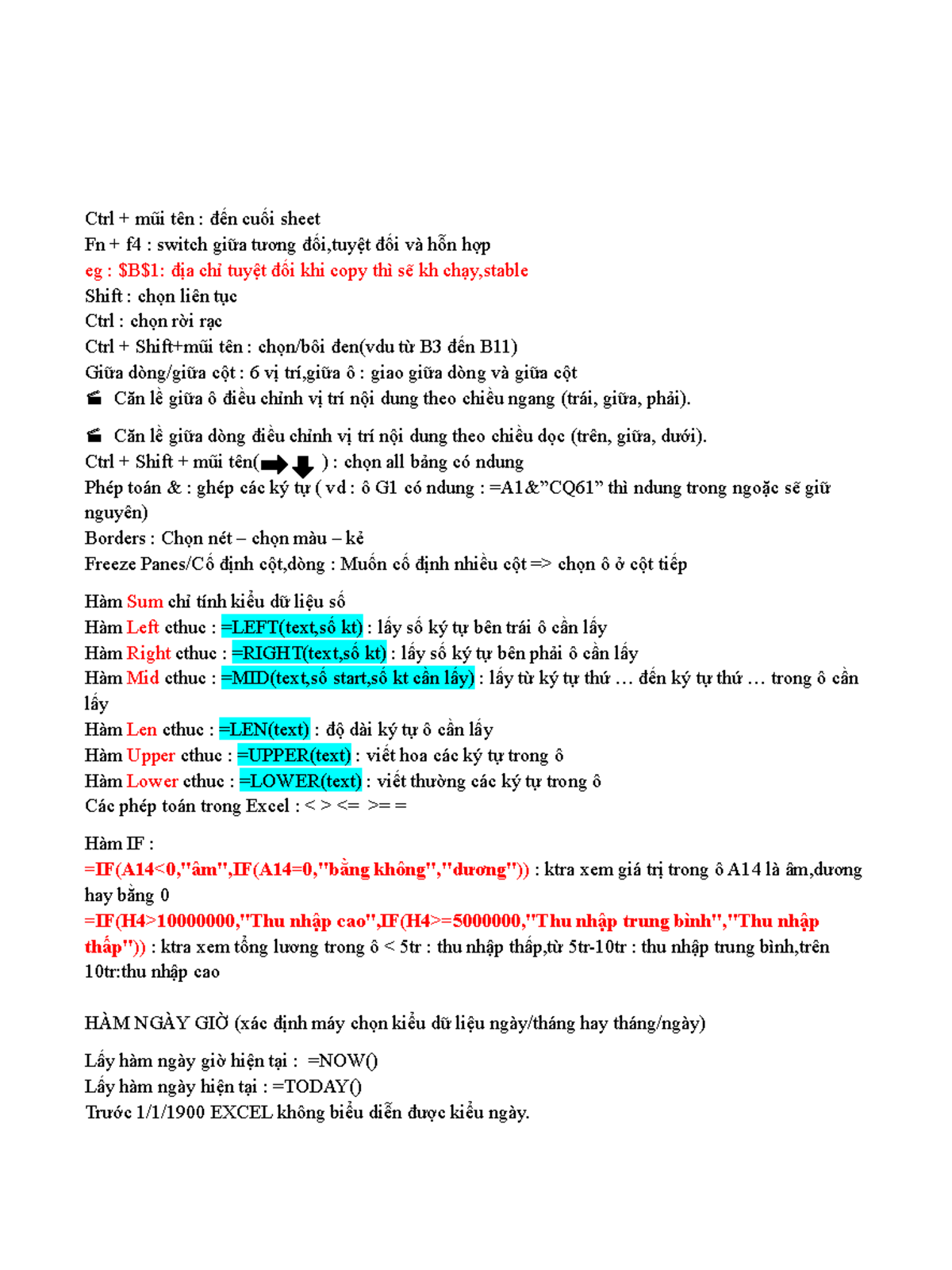 Excel Notes: Shortcuts and Functions (Ex1 - Part 1) - Studocu