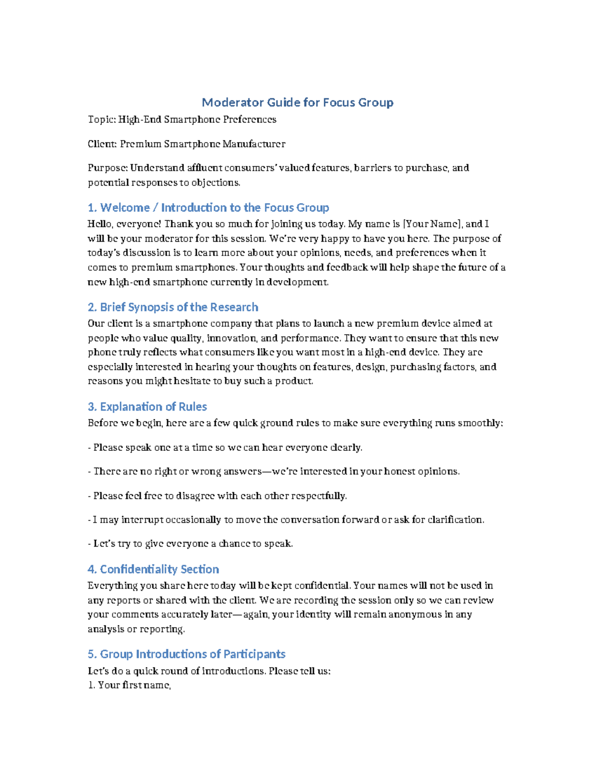 Moderator Guide: Smartphone Preferences Focus Group Insights - Studocu