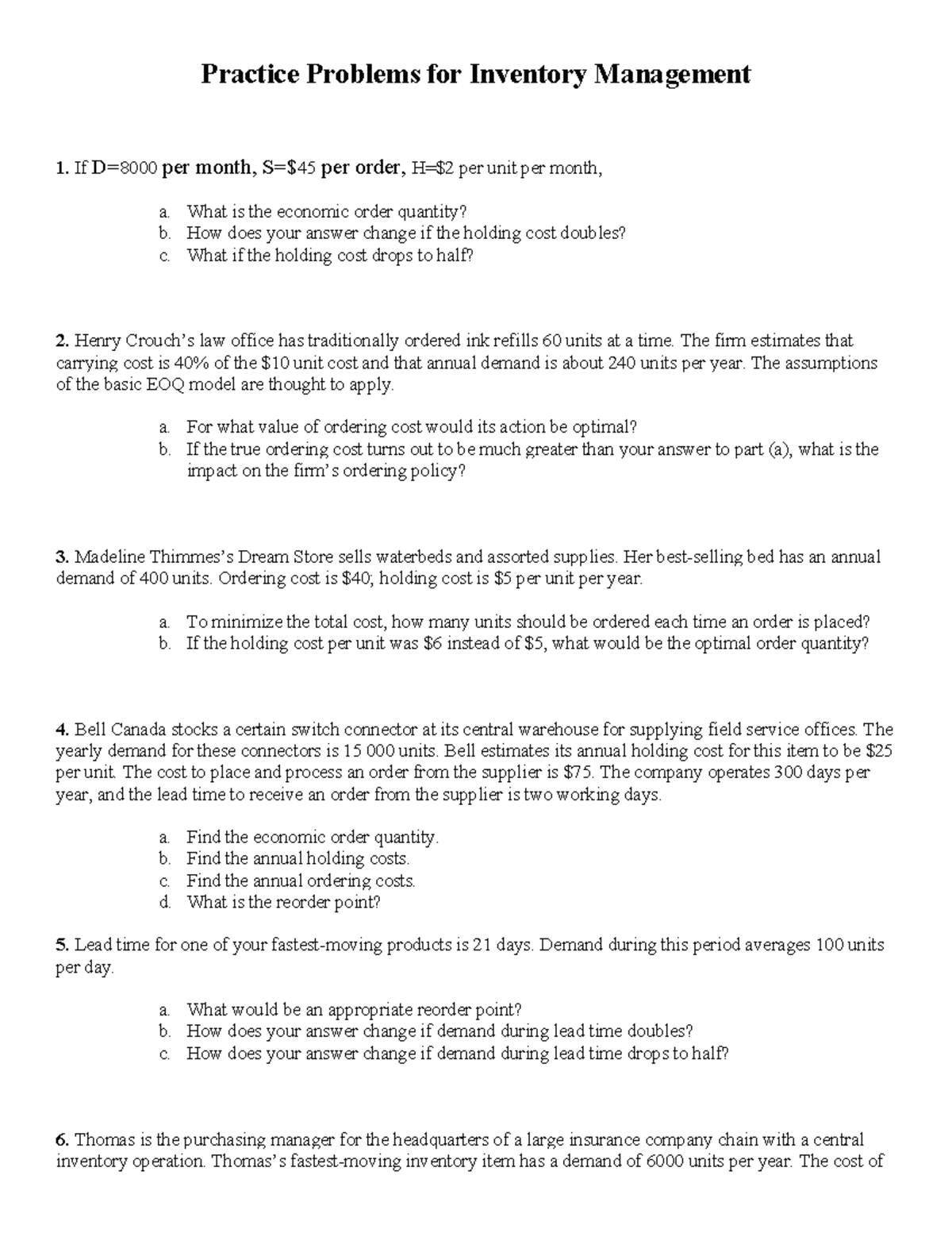 Practice Problems for Inventory Management (IM 101) - Studocu