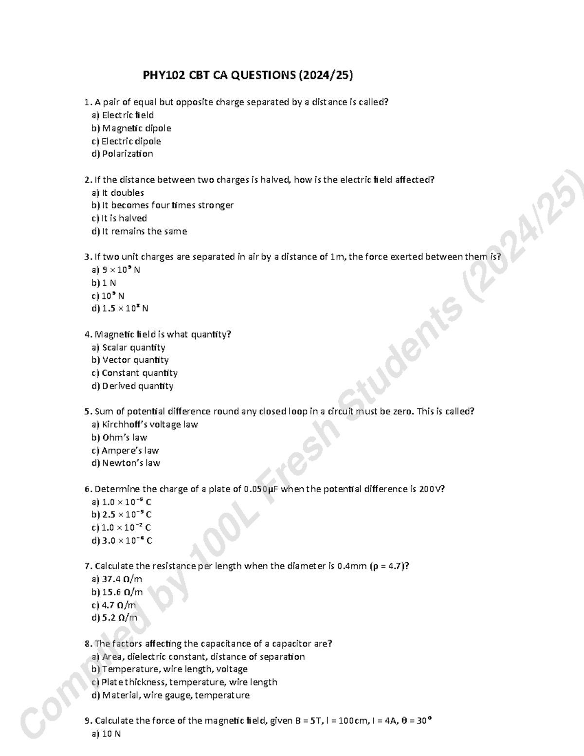 PHY102 CA Compiled Questions and Answers on Electric and Magnetic ...