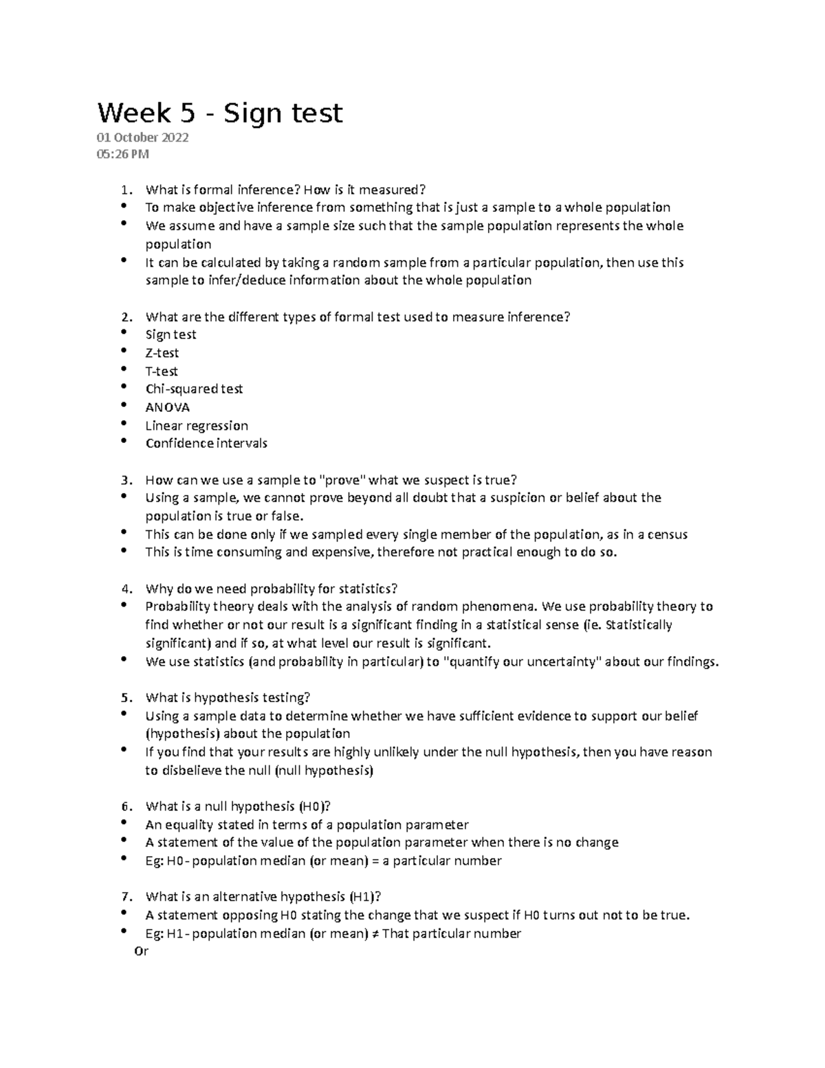 Week 5 Sign Test: Detailed Notes on Formal Inference and Hypothesis ...