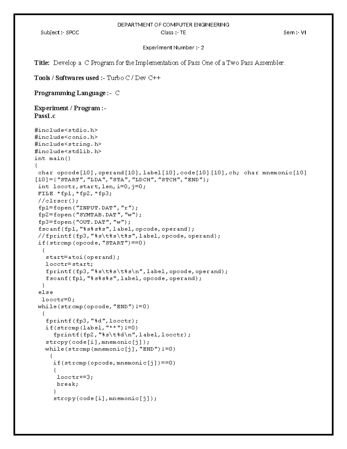 SPCC TE Sem VI Experiment 2: C Program for Pass One Assembler - Studocu