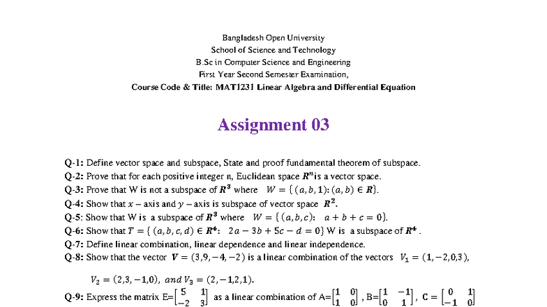 MAT1231 Linear Algebra & Diff Eq Assignment 03: Vector Spaces & Proofs ...