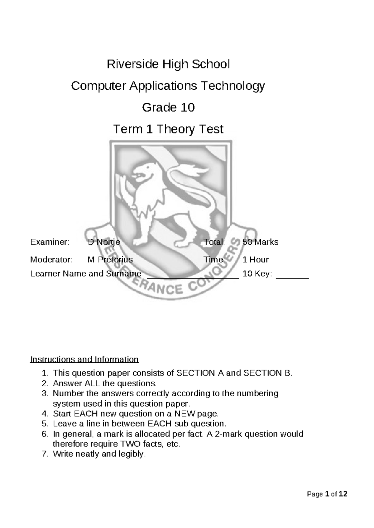 Grade 10 Computer Applications Tech T1 Theory Test 2024 - Studocu