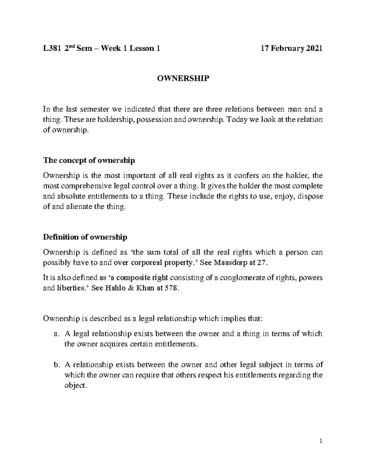 Lesson 1 Ownership - Acquisition of possession - L381 2 nd Sem – Week 1 ...