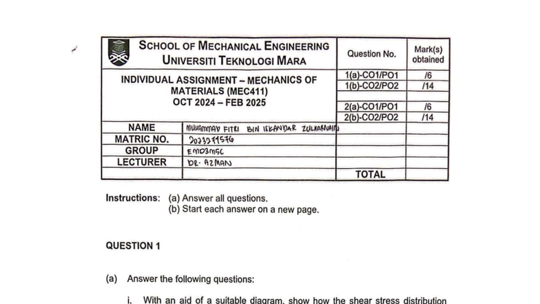 MEC411 Individual Assignment: Mechanics of Materials (Oct 2024 - Feb ...