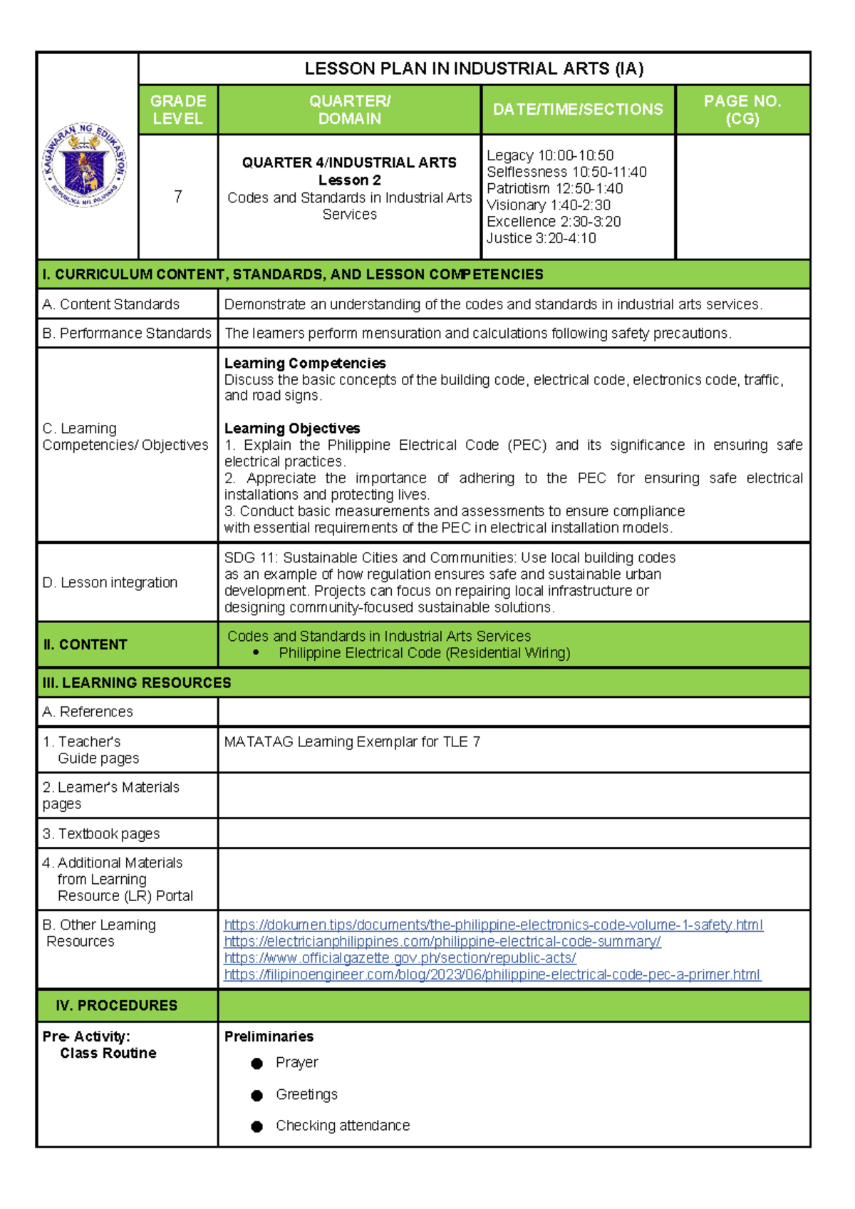 LESSON PLAN IN INDUSTRIAL ARTS (IA) GRADE 7: Codes & Standards - Studocu