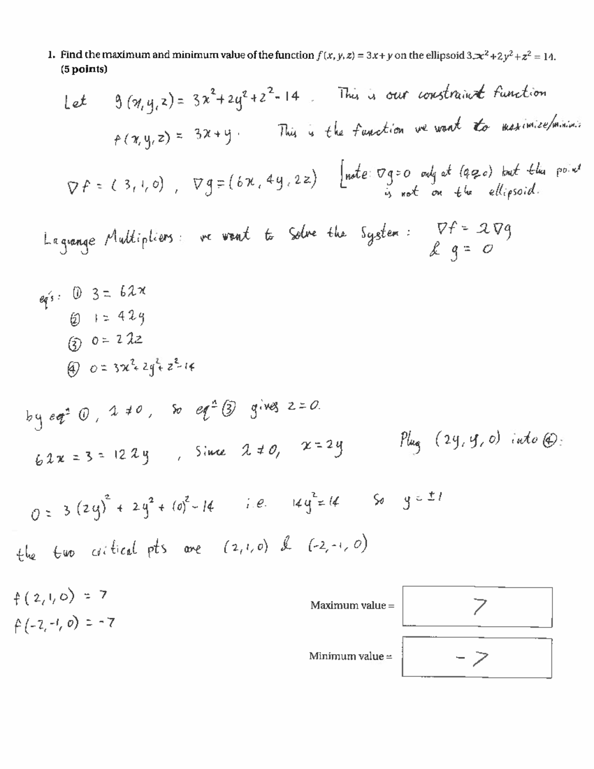 M2-sols-2019 sp - Practice Midterm - 1. Find the maximum and minimum ...