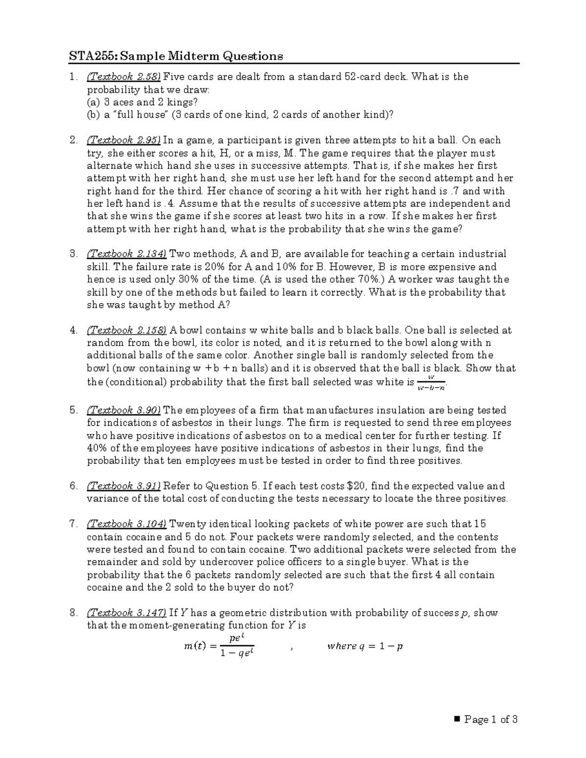 STA255 Midterm Practice - STA255: Sample Midterm Questions ¾ Page 1 of ...