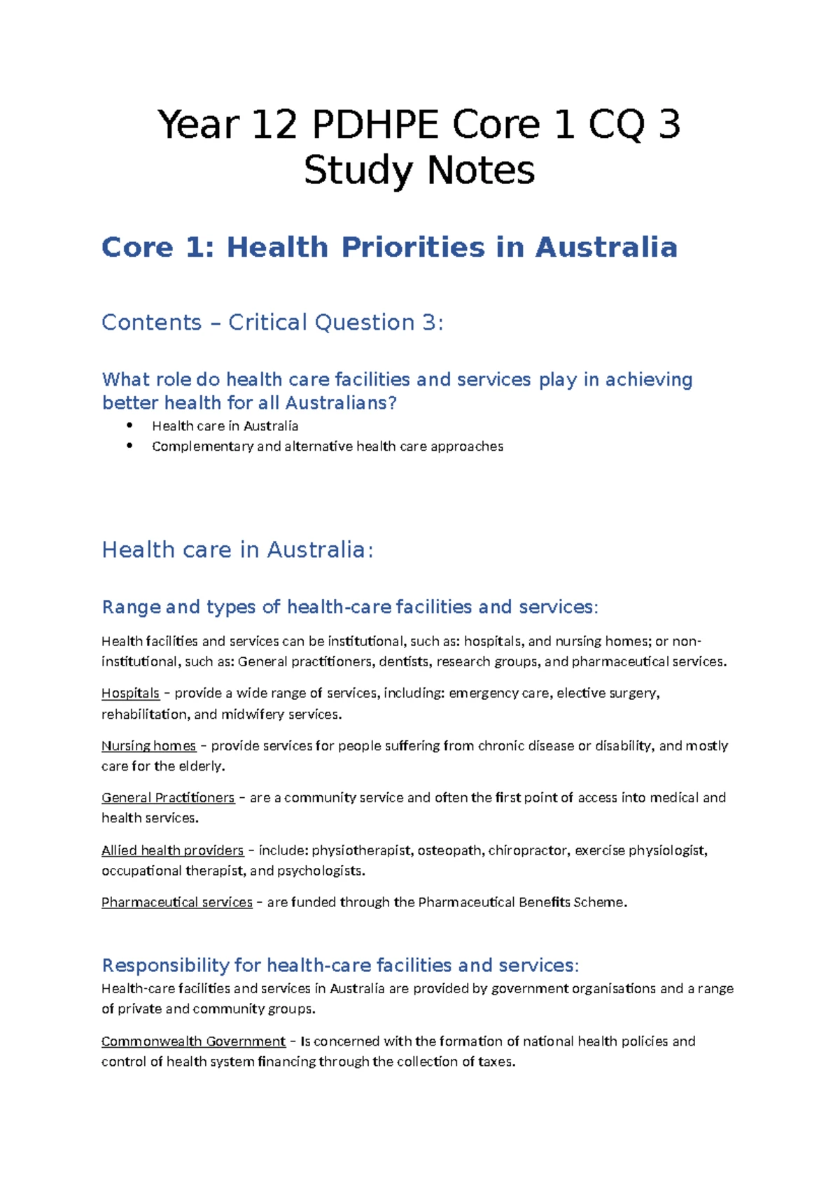 Year 12 PDHPE Core 1 CQ 2 Study Notes: Health Priorities in Australia ...