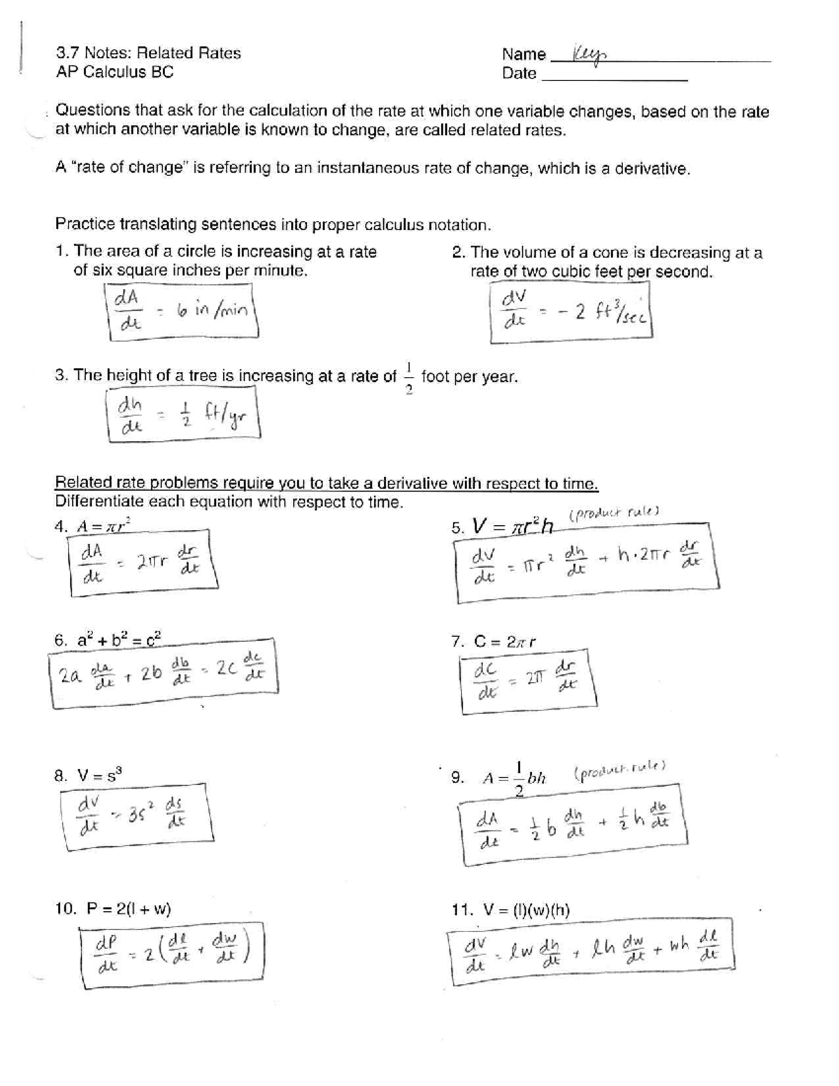 3.7 Related Rates Notes for AP Calculus BC - Studocu