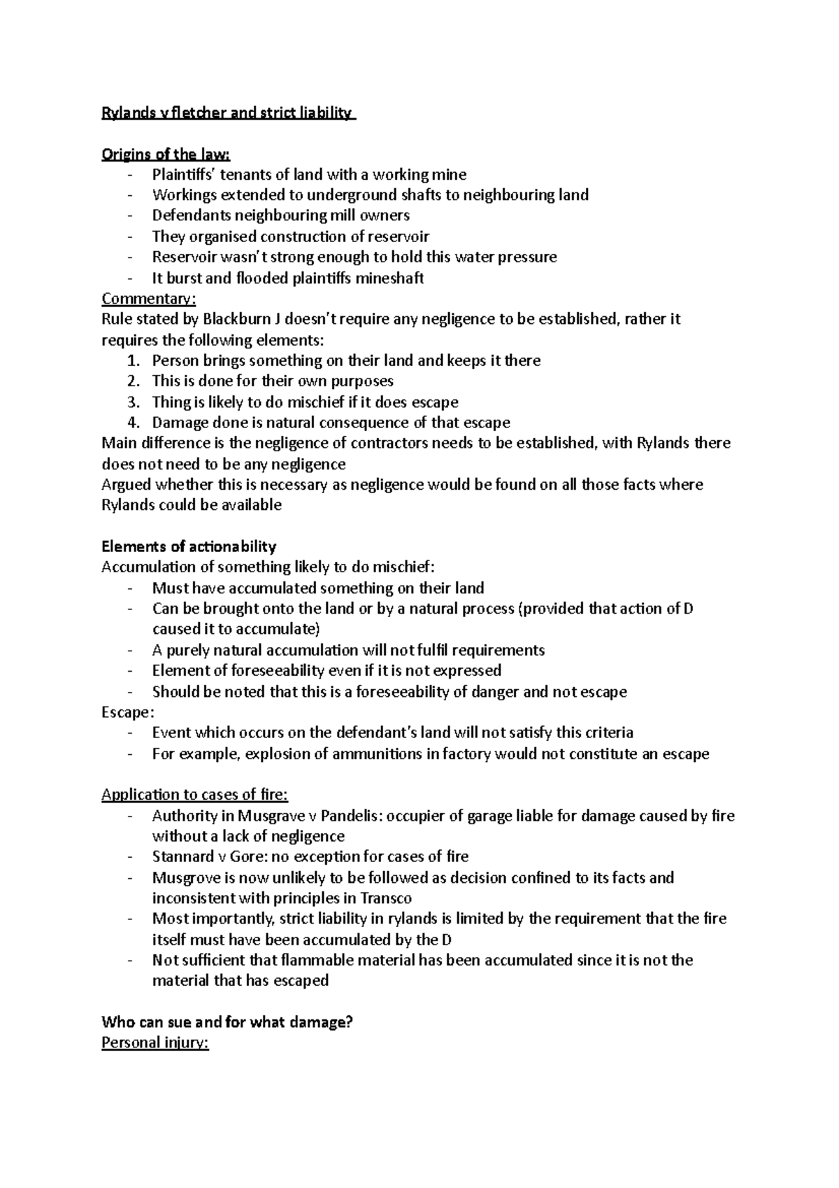 Law 302: Rylands v Fletcher and Strict Liability Explained - Studocu
