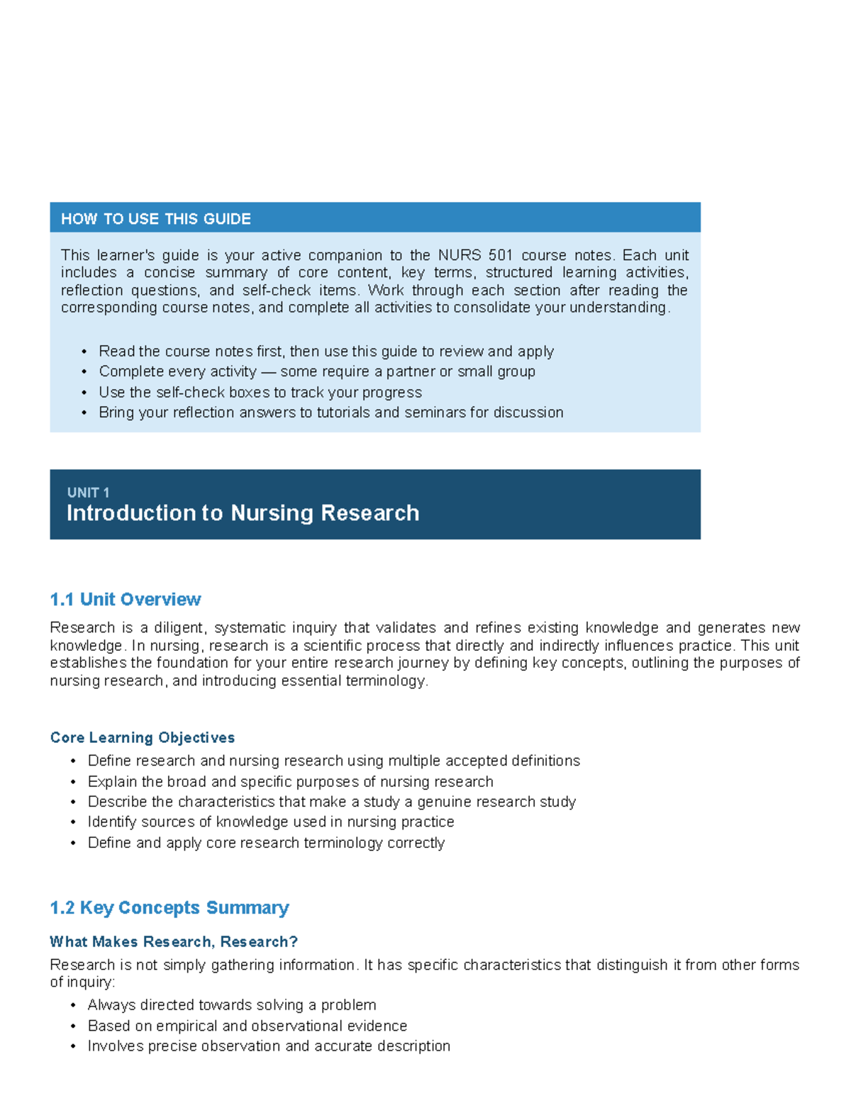 NURS 501 Learners Guide: Comprehensive Overview of Nursing Research ...