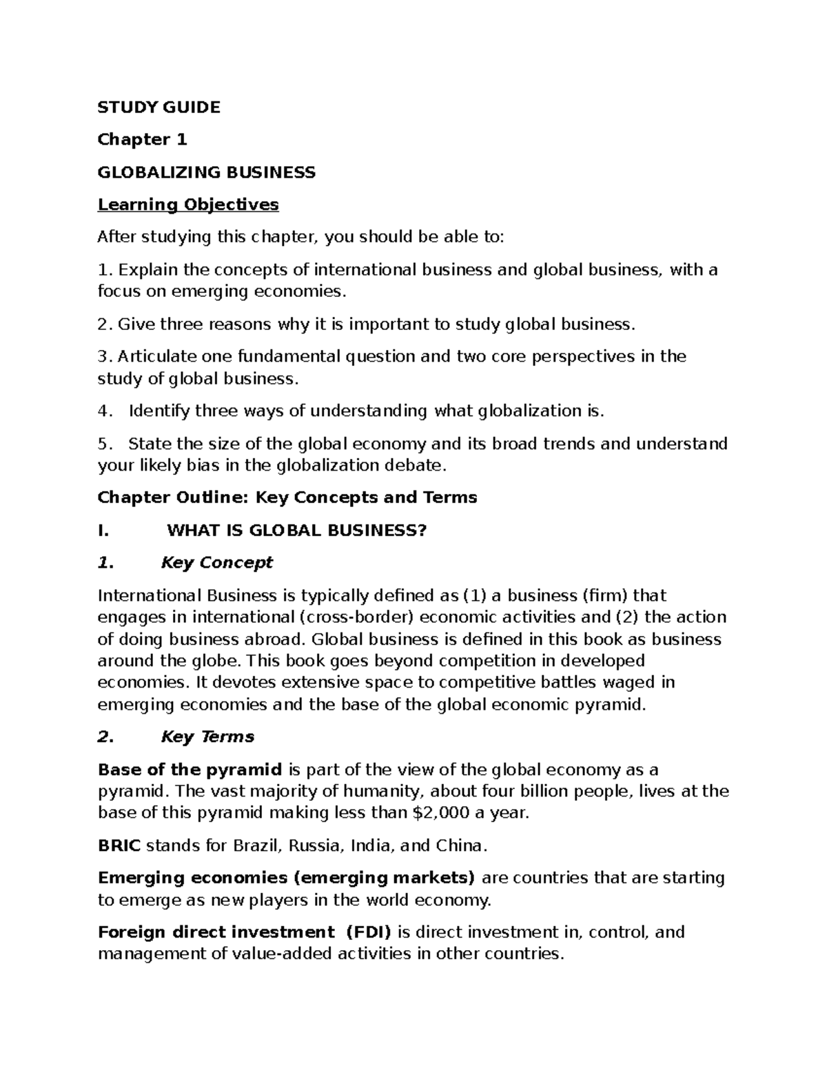 Peng BUS 101 Study Guide: Chapter 1 - Globalizing Business - Studocu