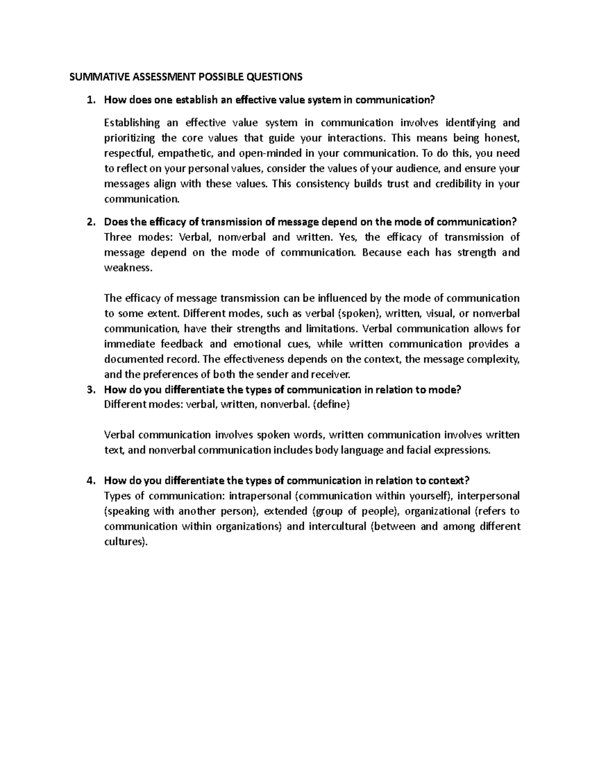 Summative Assessment Questions for Communication Studies - Studocu