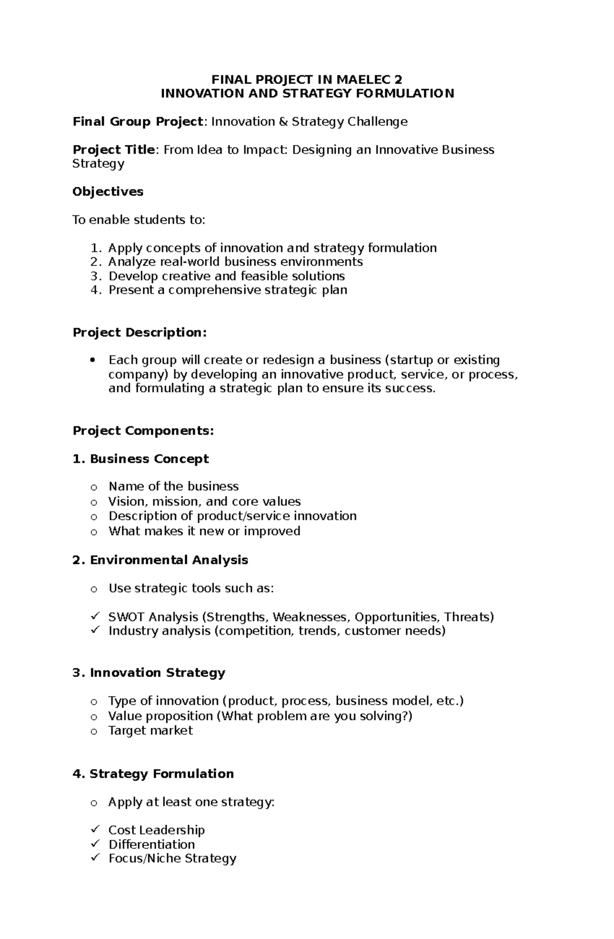 FINAL PROJECT IN MAELEC 2: INNOVATION STRATEGY CHALLENGE - Studocu