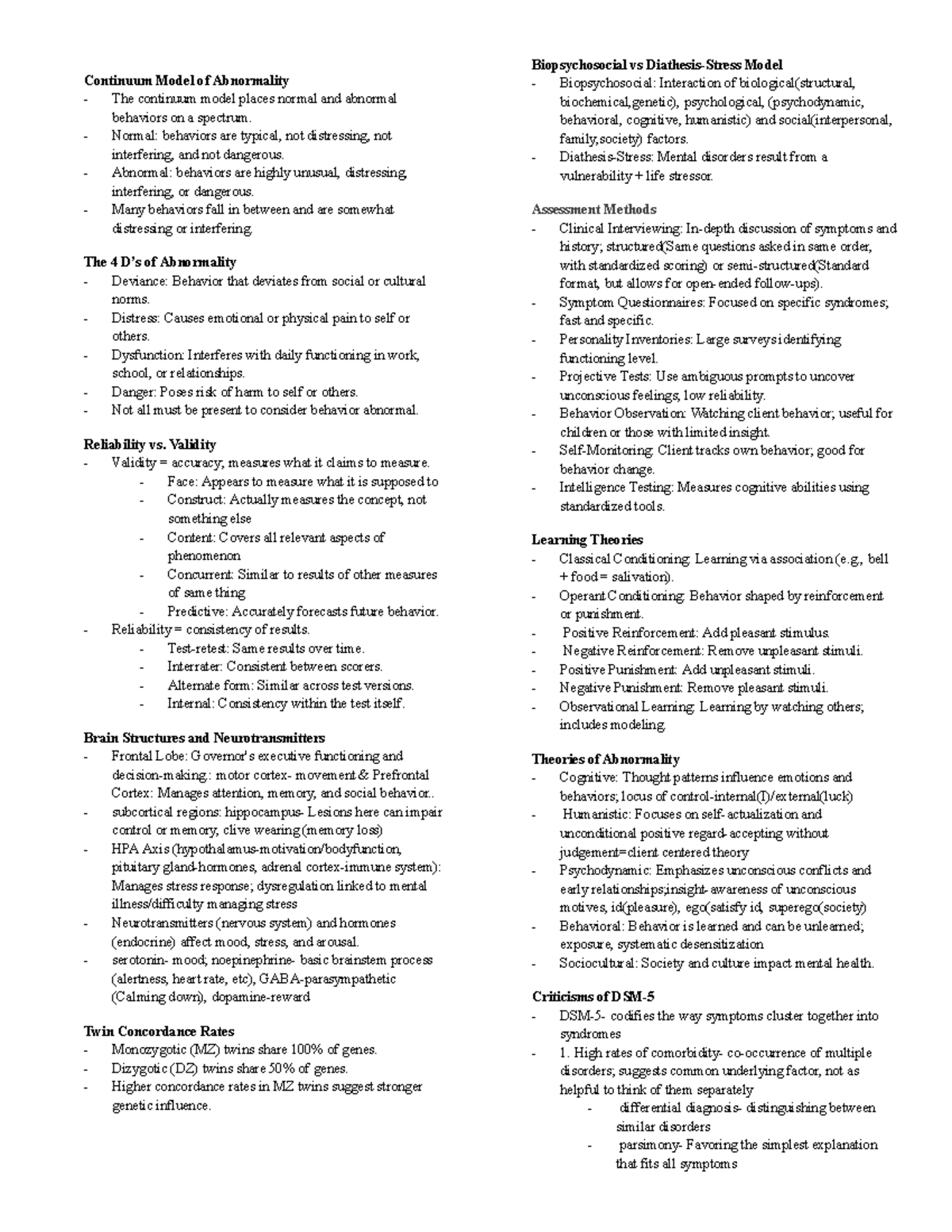 Abnormal Psychology (Ab Psych) Cheat Sheet: Continuum Model & Theories ...