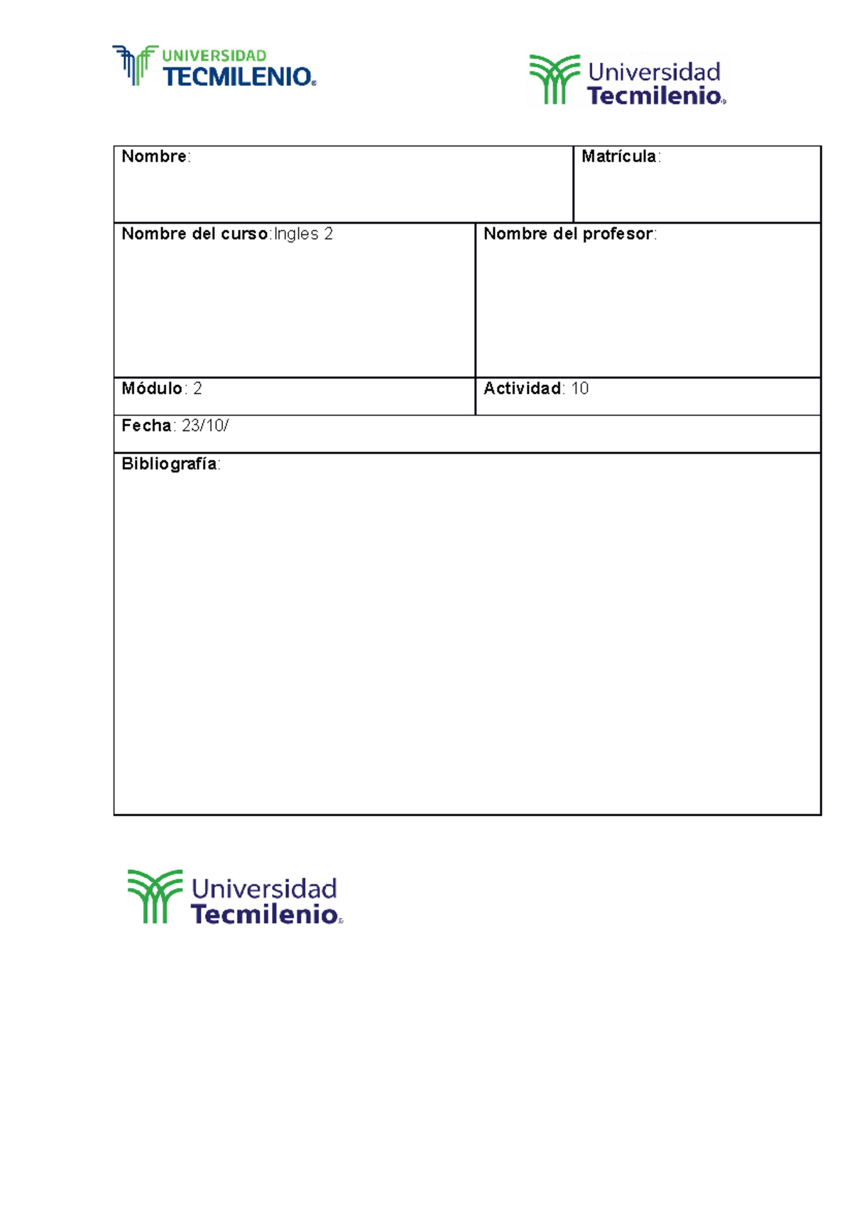 Actividad 10 ingles - Nombre : Matrícula : Nombre del curso :Ingles 2 ...
