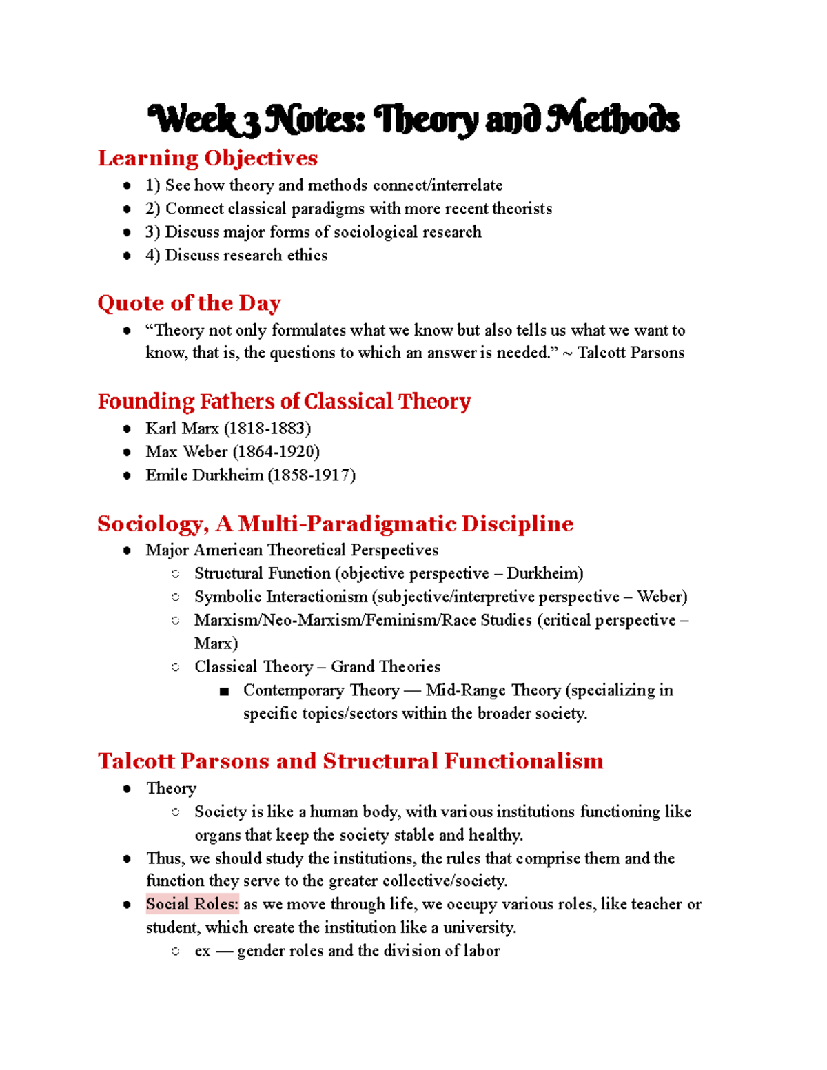 Sociology 101 Week 3 Notes: Theories, Methods & Research Ethics - Studocu