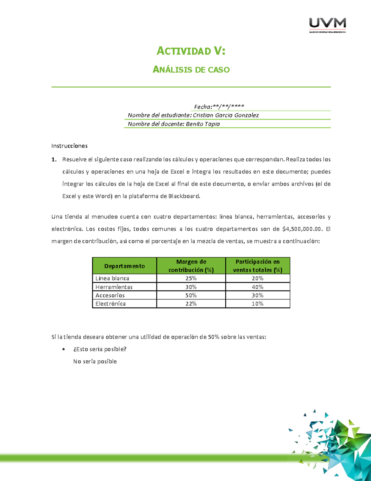 ACT1222 Actividad V: Análisis de Caso sobre Costos y Utilidad - Studocu
