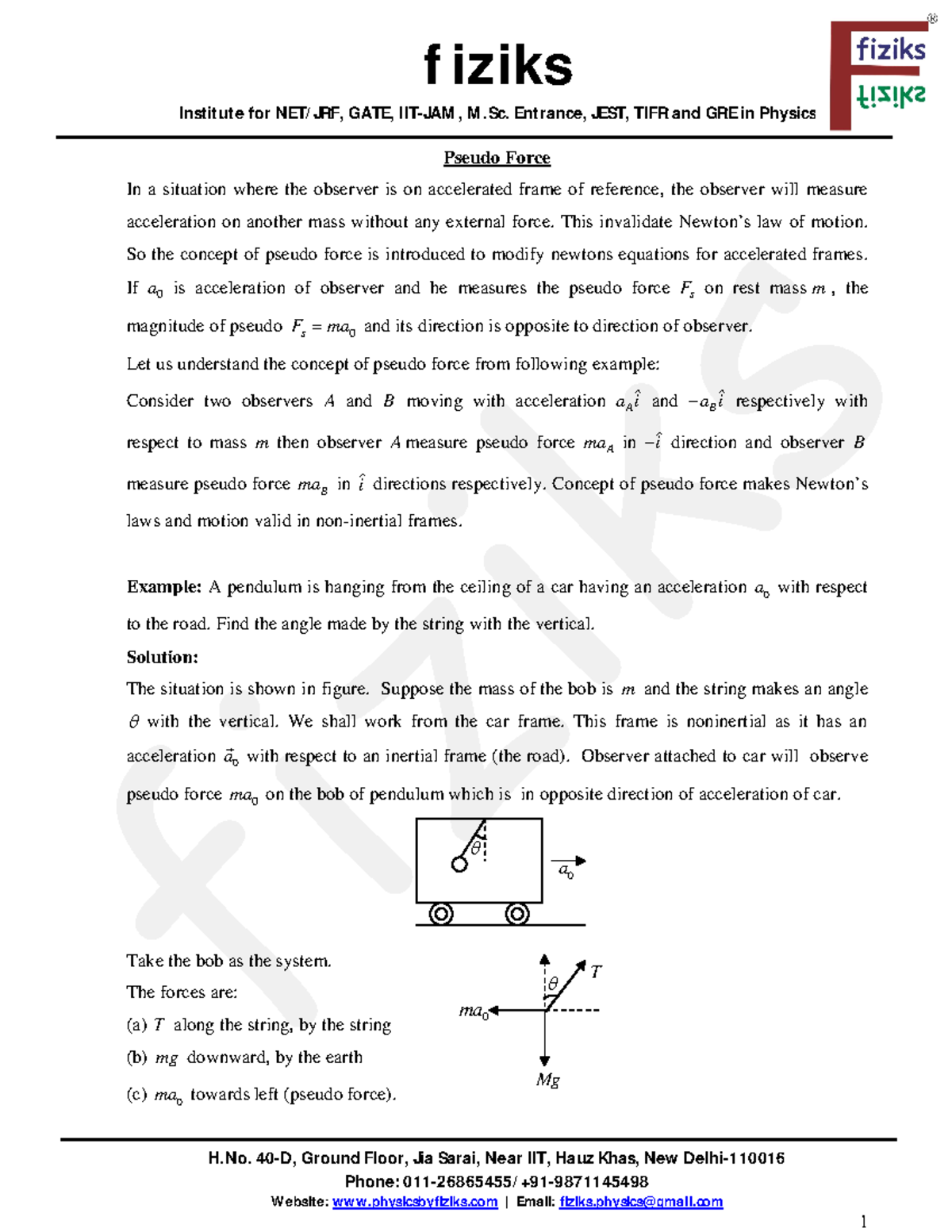 B.Pseduo force - f iziks Institute for NET/ JRF, GATE, IIT-JAM , M .Sc ...