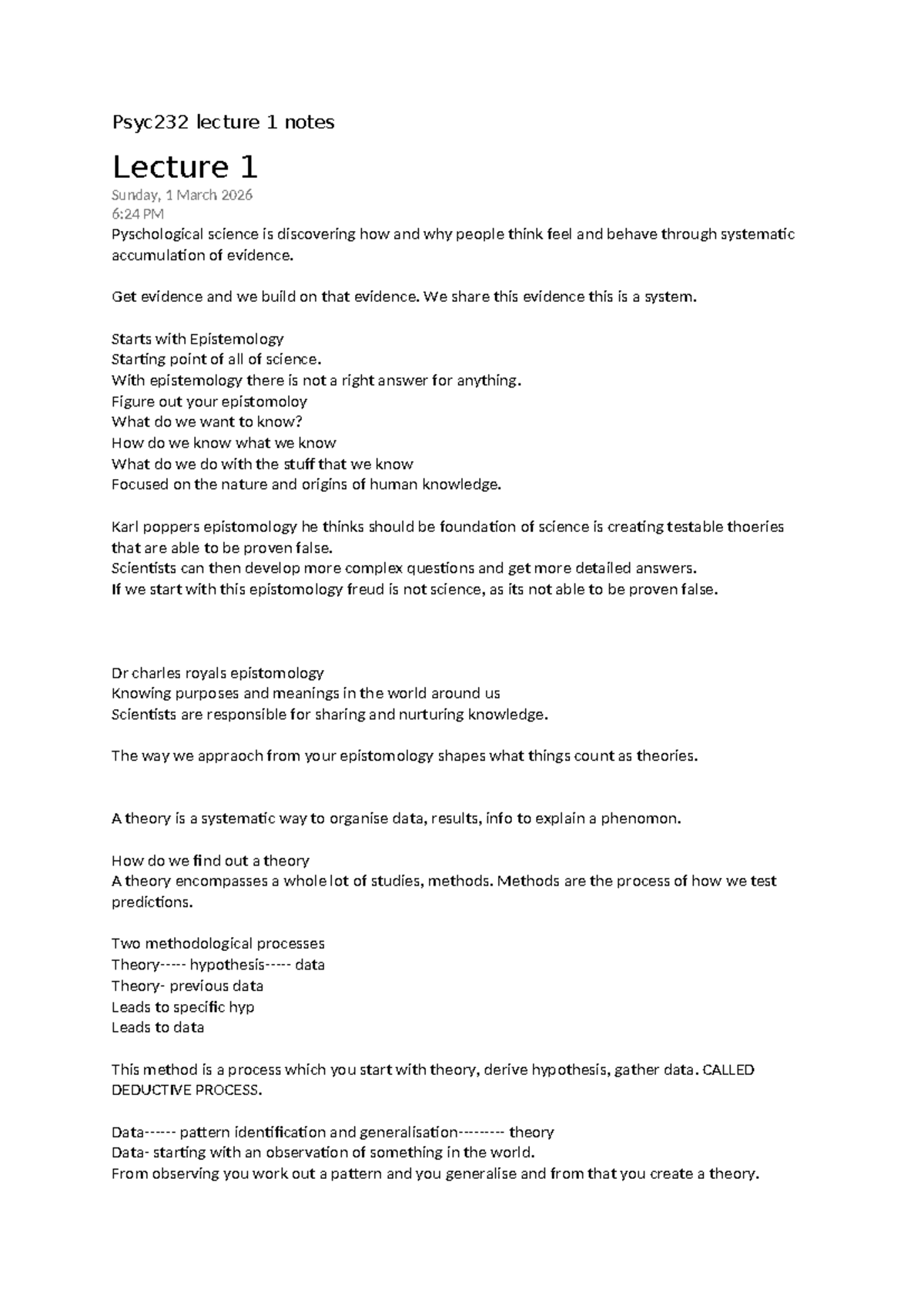 Psyc232 Lecture 1 Notes: Understanding Epistemology in Psychology - Studocu