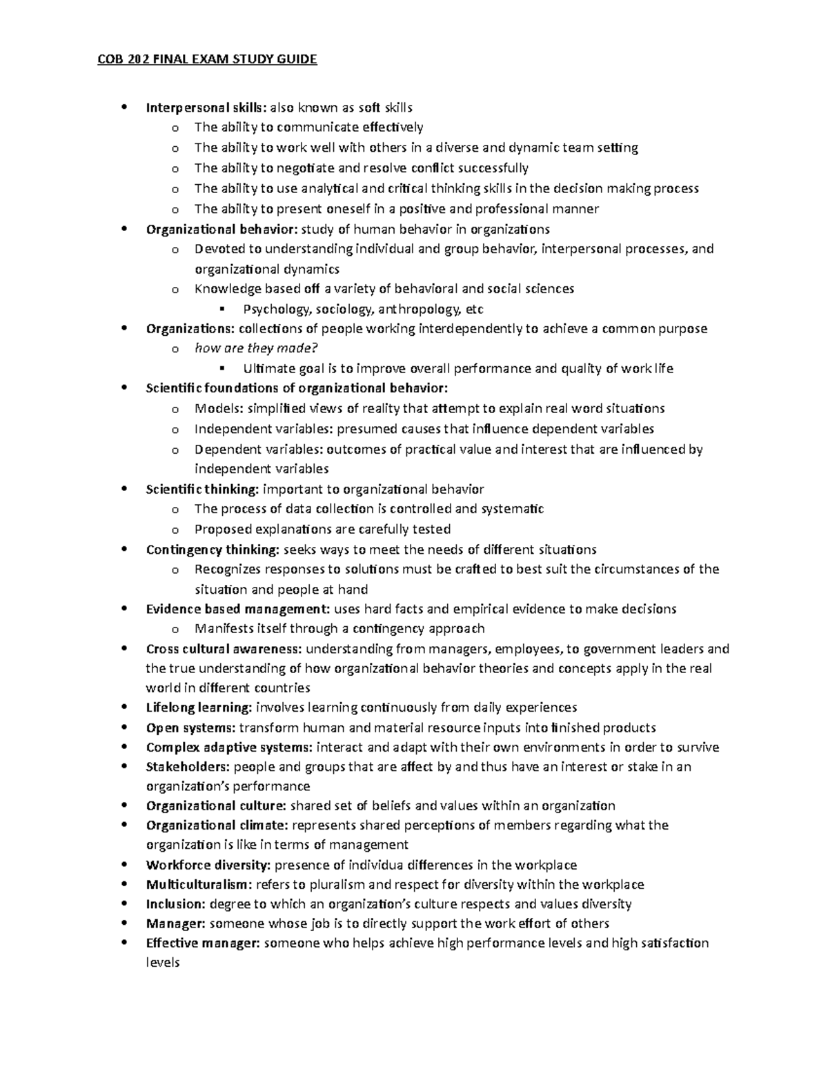 COB 202 Final Exam Study Guide: Key Concepts in Organizational Behavior ...