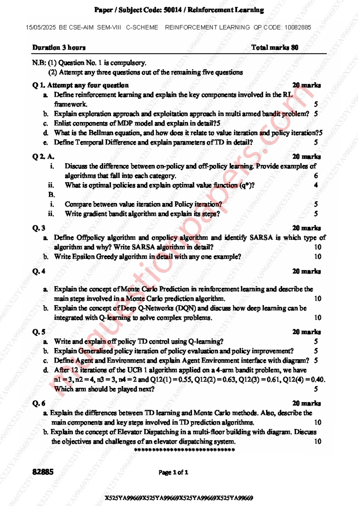 Reinforcement Learning BE 50014 Previous Year Questions - Studocu